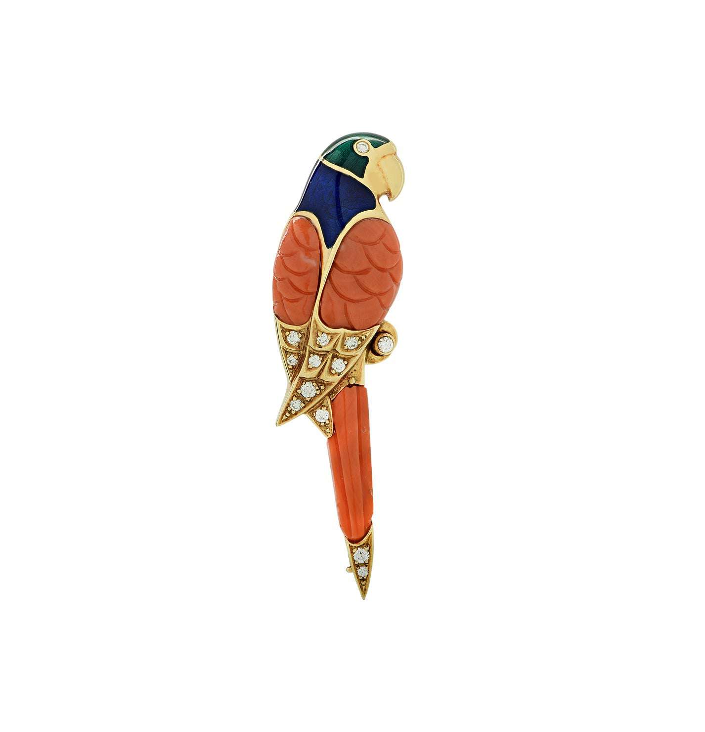 Luxurious Fabergé Coral, Diamond & Enamel Parrot Brooch Pin in 18K Yellow Gold by Vivid Diamonds, featuring vibrant coral, blue, and green colors with 0.18ct diamonds.