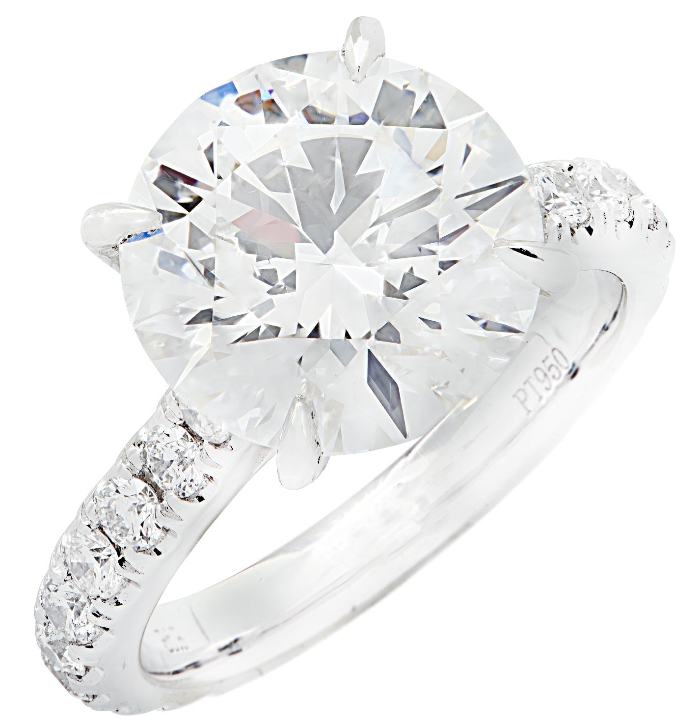 Stunning Vivid Diamonds GIA Certified 4.63 Carat Round Brilliant Diamond Engagement Ring in Platinum, showcasing a captivating center diamond surrounded by delicate accent diamonds.