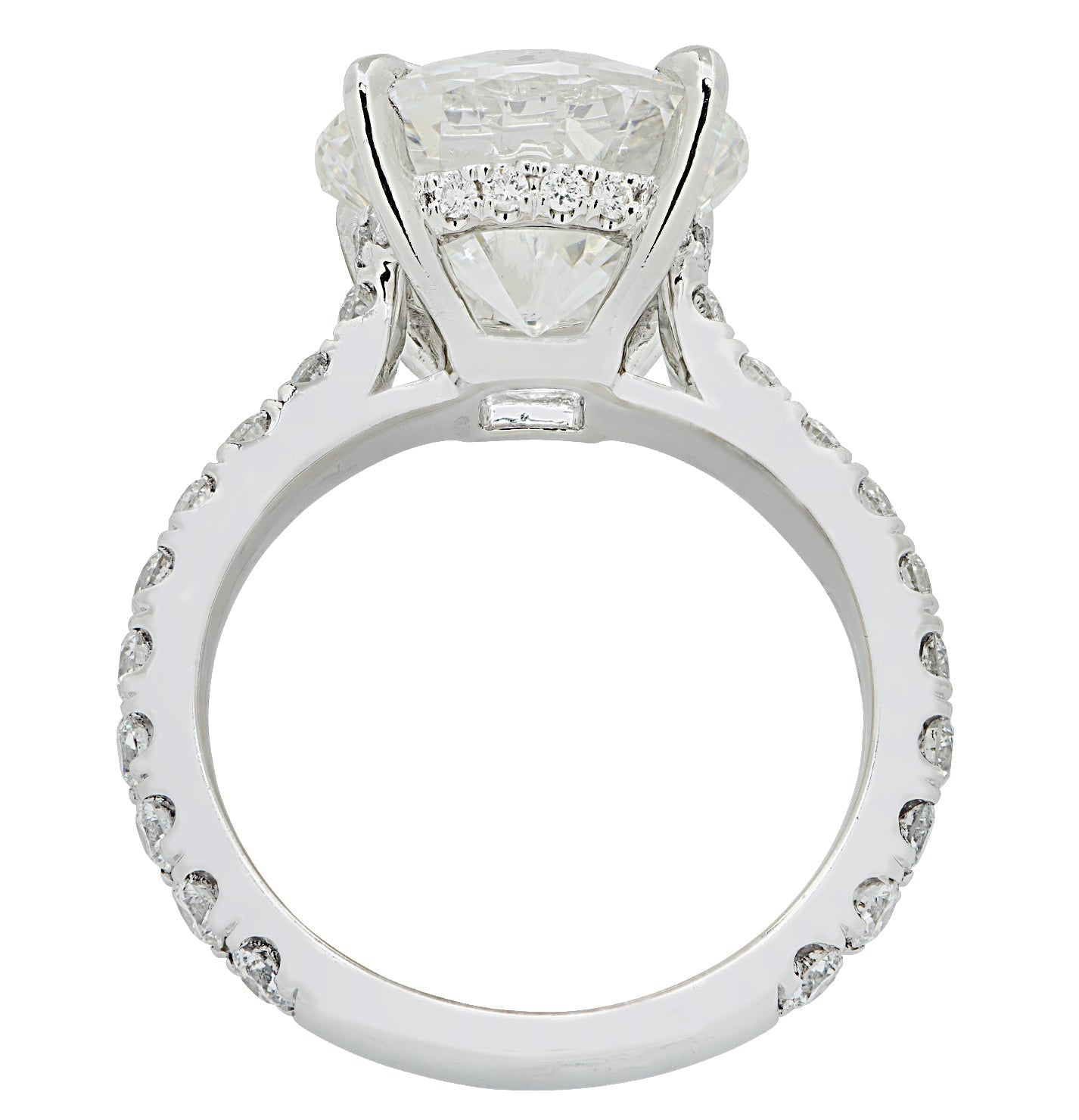 Sophisticated rear view of the Vivid Diamonds GIA Certified 4.63 Carat Round Brilliant Diamond Engagement Ring in Platinum, highlighting the exquisite craftsmanship and setting of the diamond.