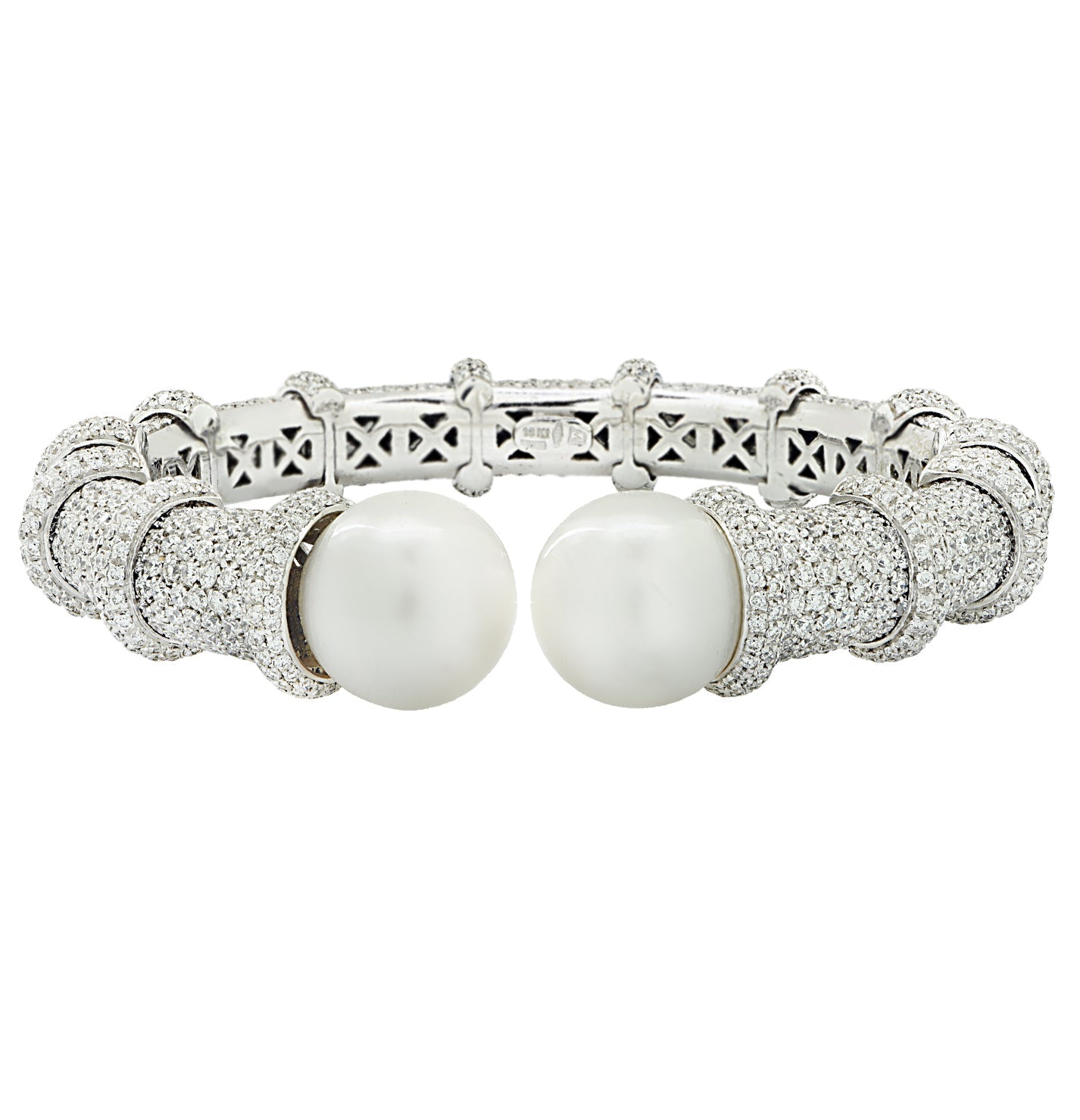 Close-up view of the 10 Carat Pave Diamond Cuff Bracelet with 14mm South Sea Pearls in 18K White Gold by Vivid Diamonds, highlighting the intricate craftsmanship and exquisite details.