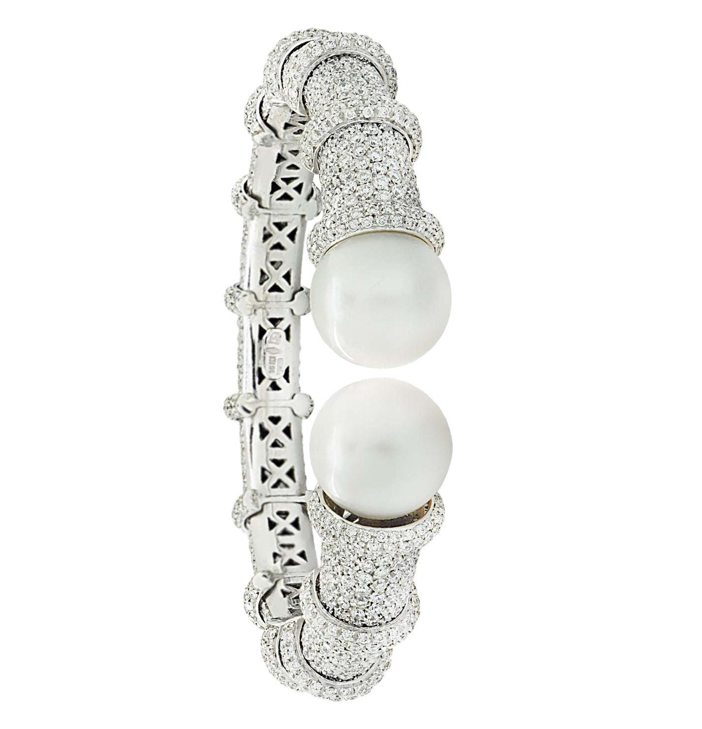 Stunning 10 Carat Pave Diamond Cuff Bracelet featuring 14mm South Sea Pearls in luxurious 18K White Gold by Vivid Diamonds, showcasing exquisite craftsmanship and sparkling elegance.