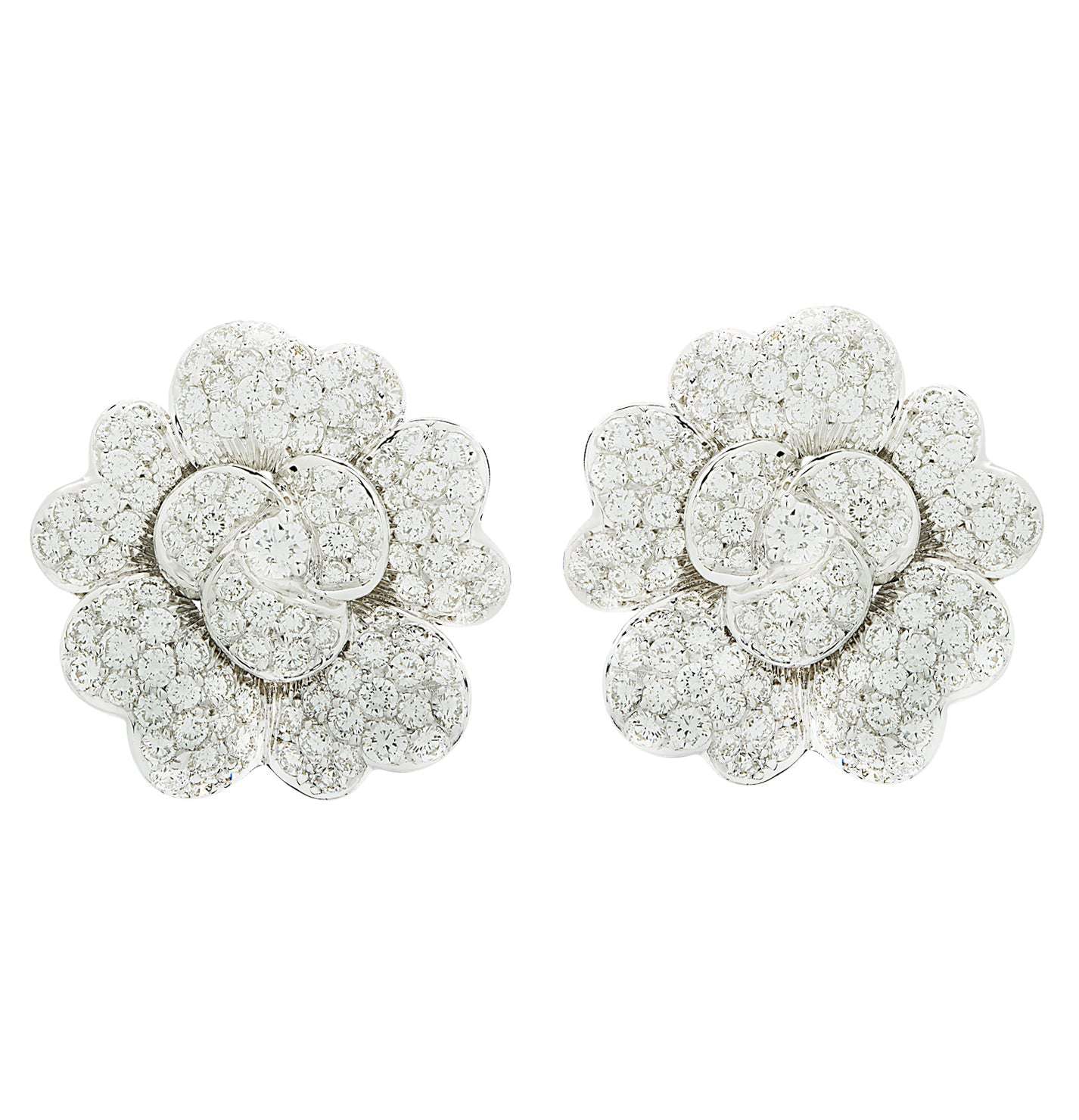 Exquisite 10 Carat Diamond Flower Earrings in 18K White Gold by Vivid Diamonds, designed with intricate pave detailing and dazzling G color diamonds for a timeless appeal.