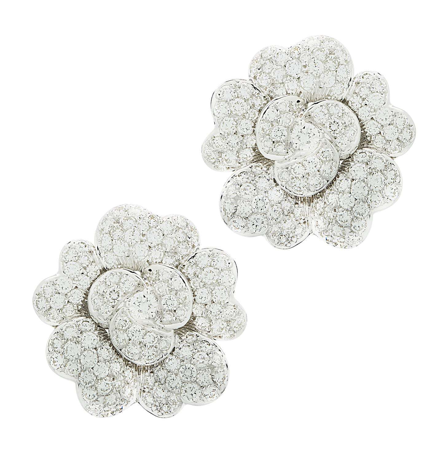 Stunning 10 Carat Diamond Flower Earrings in 18K White Gold by Vivid Diamonds, showcasing a beautiful pave design with sparkling G color diamonds.
