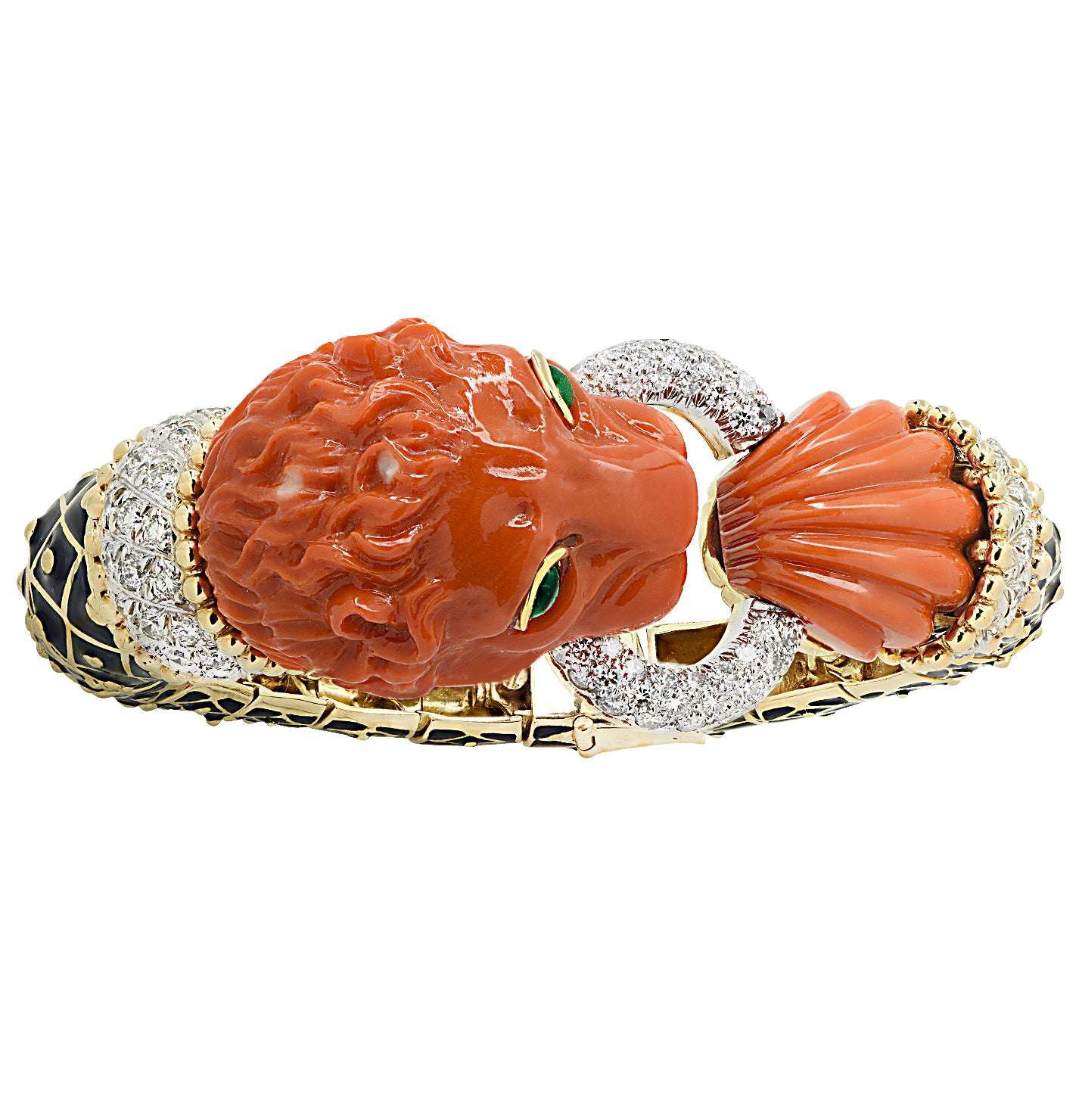 David Webb “Curly Lion” Coral, Diamond & Enamel Bangle – V46594 Vivid Diamonds