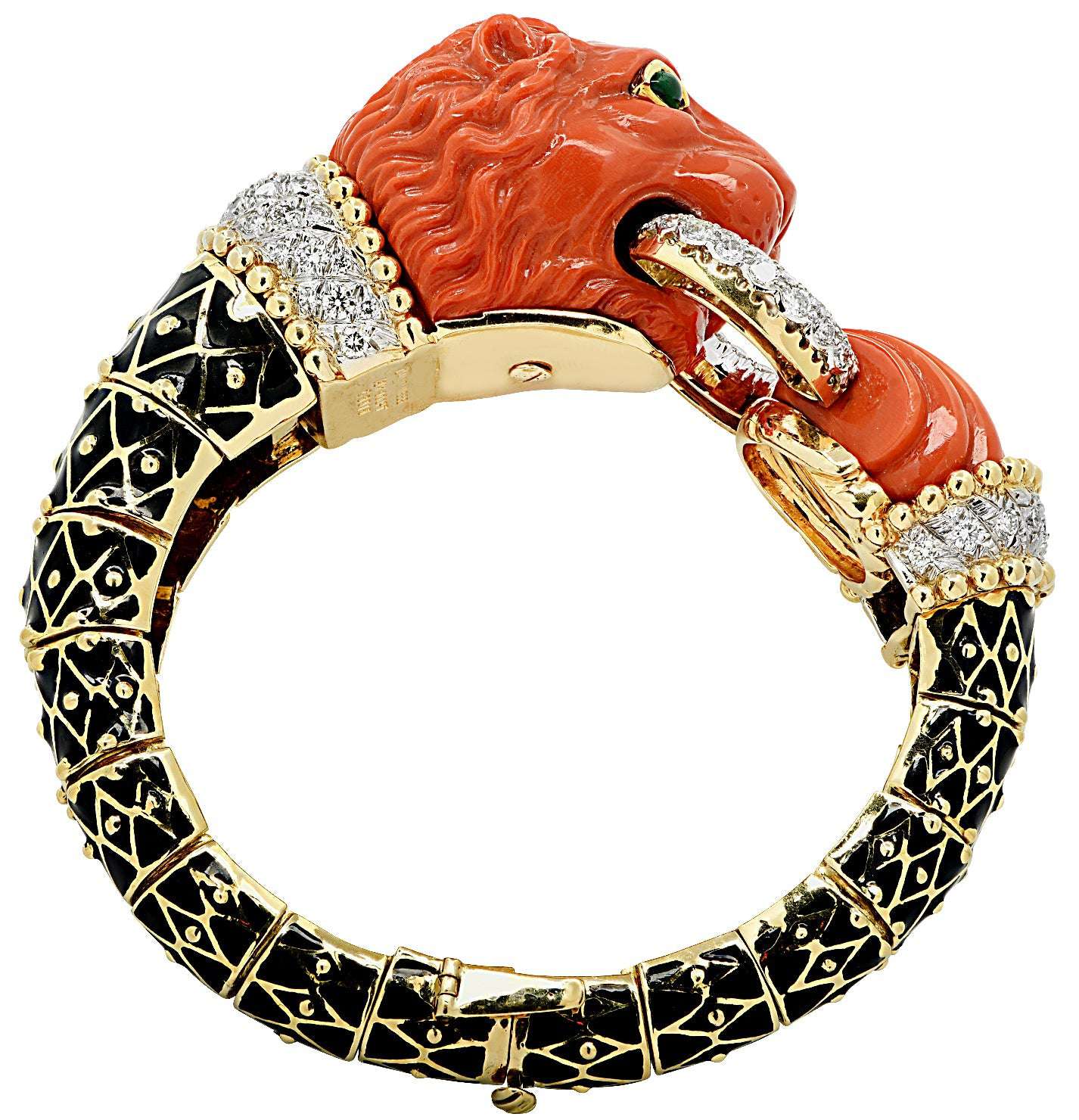 David Webb “Curly Lion” Coral, Diamond & Enamel Bangle – V46594 Vivid Diamonds