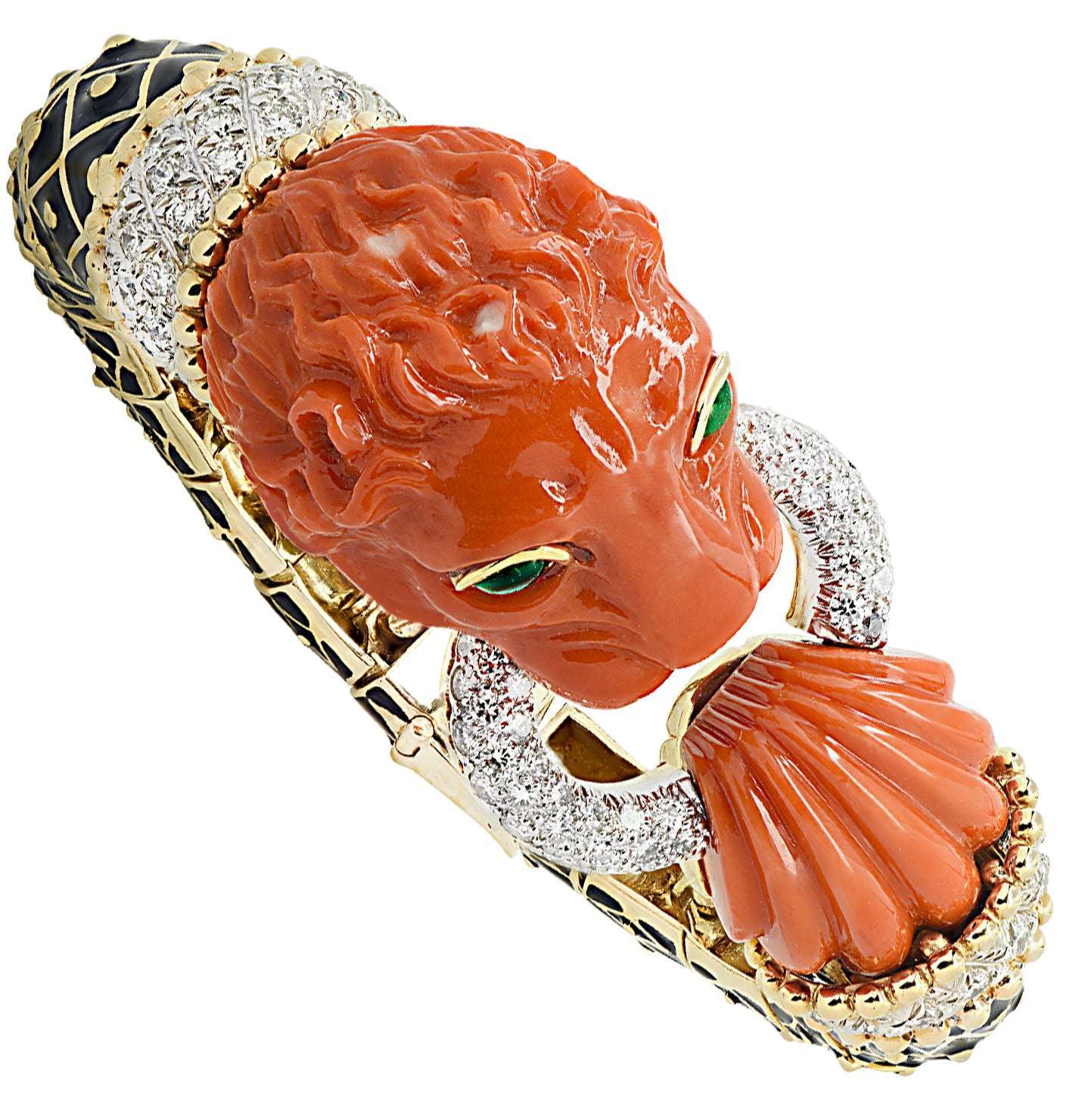 David Webb “Curly Lion” Coral, Diamond & Enamel Bangle – V46594 Vivid Diamonds