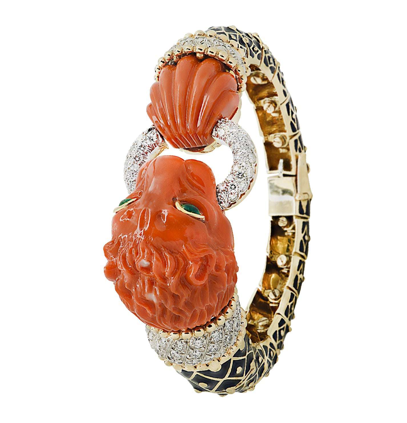 David Webb “Curly Lion” Coral, Diamond & Enamel Bangle – V46594 Vivid Diamonds