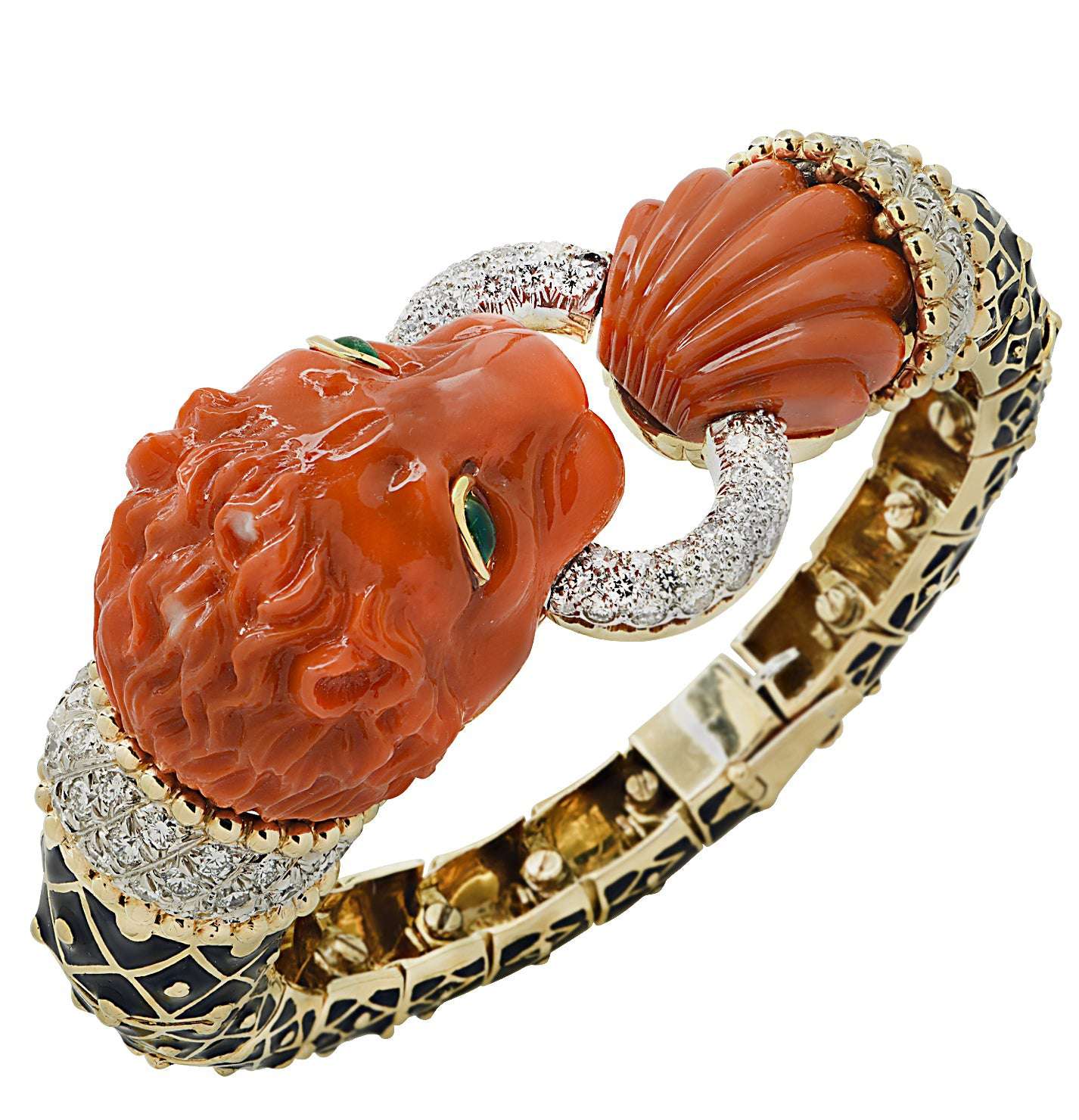 David Webb “Curly Lion” Coral, Diamond & Enamel Bangle – V46594 Vivid Diamonds