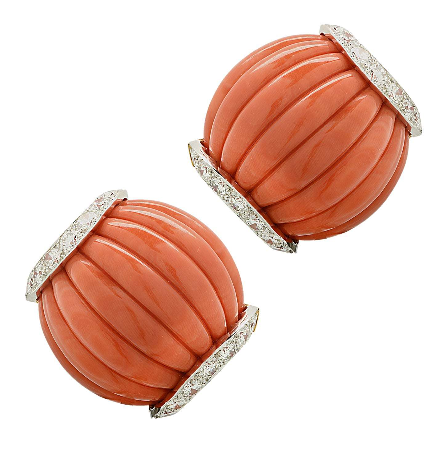 David Webb Fluted Coral & Diamond Earrings showcasing elegant fluted coral surrounded by sparkling diamonds, made from platinum and 18K gold, curated by Vivid Diamonds for a sophisticated look.
