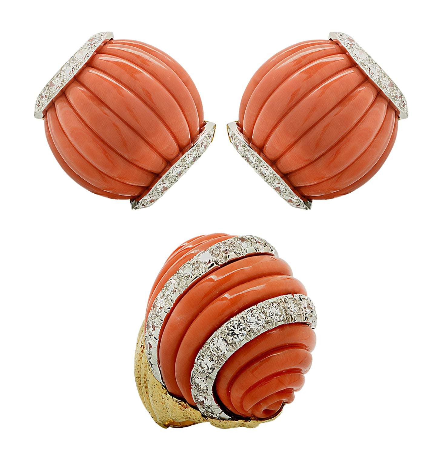 David Webb Fluted Coral & Diamond Jewelry Set showcasing exquisite platinum and 18K gold design, featuring vibrant fluted coral and sparkling round-cut diamonds, by Vivid Diamonds.