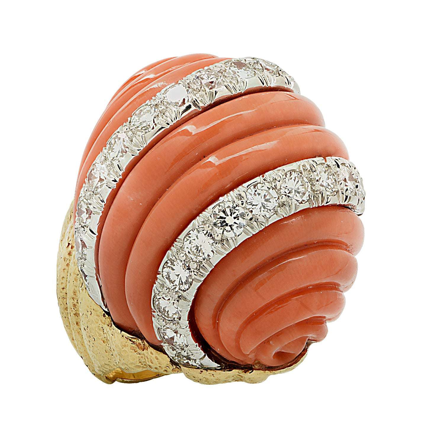 David Webb Fluted Coral & Diamond Ring featuring vibrant fluted coral and dazzling diamonds, crafted in platinum and 18K gold by Vivid Diamonds, an exquisite luxury jewelry piece.