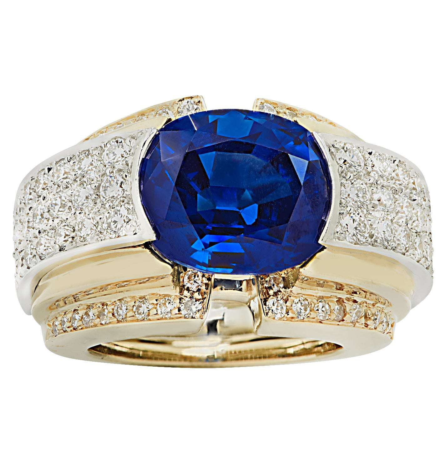 Exquisite David Webb 10.20 Carat Sapphire Ring adorned with 2.00 Carats Diamonds in Platinum & 18K Yellow Gold, showcasing a mesmerizing blue sapphire surrounded by brilliant diamonds, available from Vivid Diamonds.