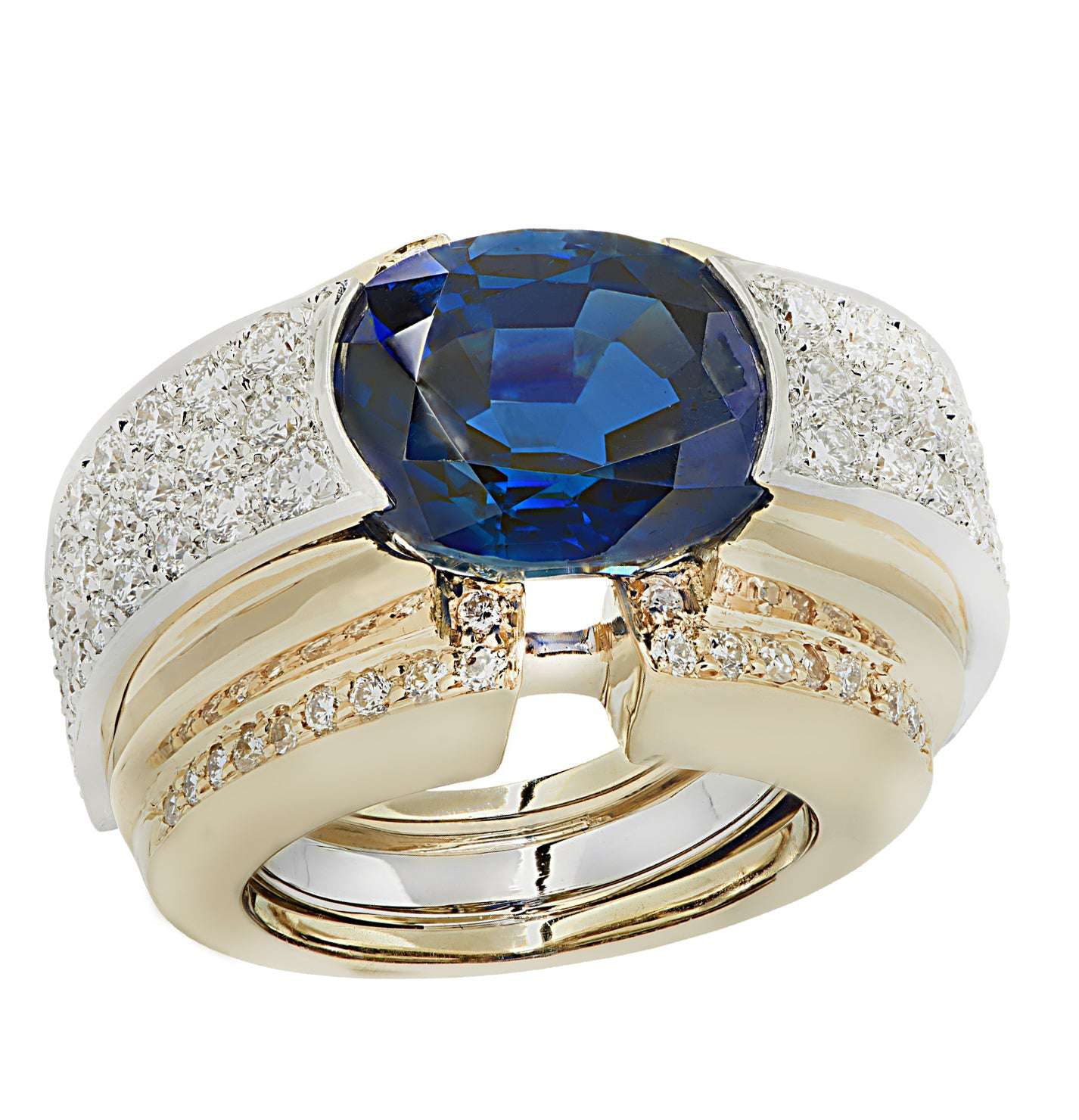 Luxury David Webb 10.20 Carat Sapphire Ring with 2.00 Carats Diamonds in Platinum & 18K Yellow Gold, presenting a captivating sapphire centerpiece accented by glittering diamonds, exclusively from Vivid Diamonds.