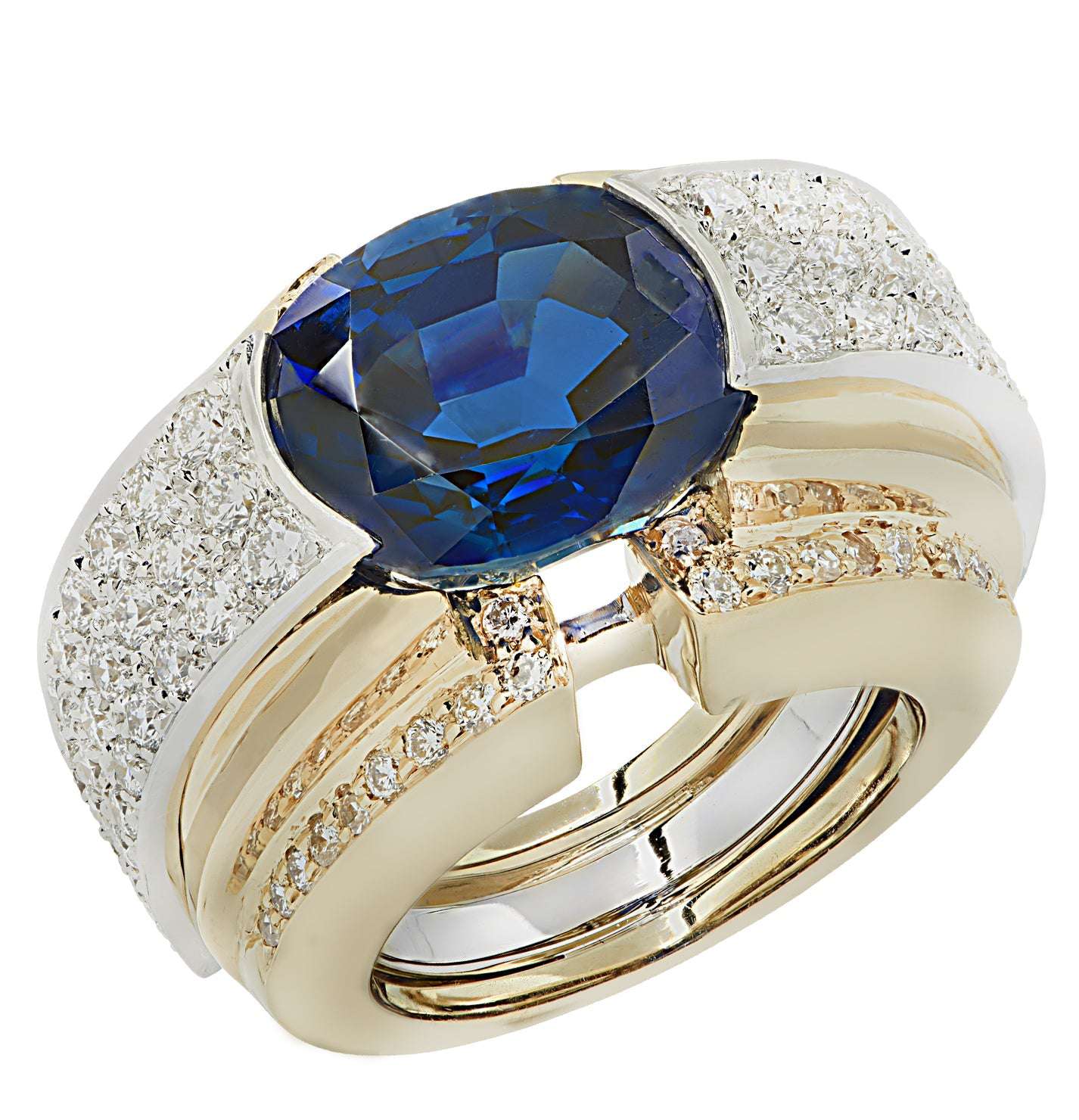 David Webb 10.20 Carat Sapphire Ring with 2.00 Carats Diamonds in Platinum & 18K Yellow Gold, featuring a striking oval-cut sapphire set against a shimmering diamond band, crafted by Vivid Diamonds.