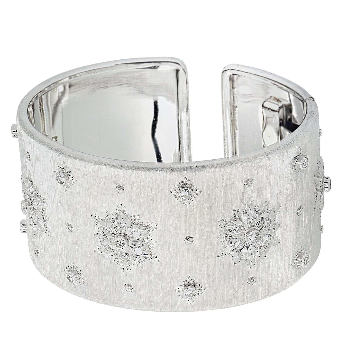 Sophisticated Buccellati Italy 18K White Gold Diamond Wide Cuff Bangle with a polished interior and detailed diamond accents, brought to you by Vivid Diamonds.