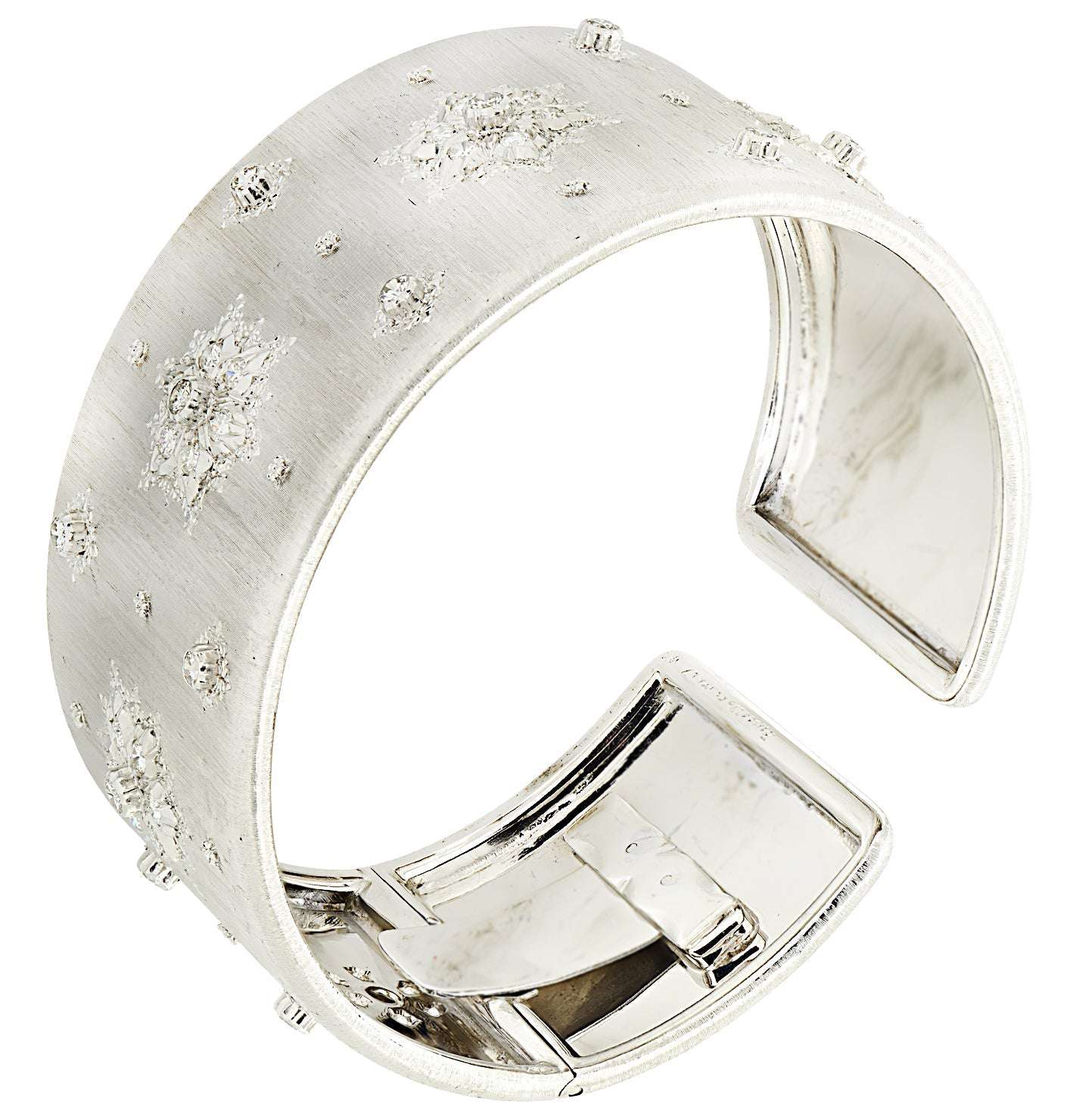 Elegant Buccellati Italy 18K White Gold Diamond Wide Cuff Bangle featuring a sleek design with sparkling diamonds, handcrafted by Vivid Diamonds.