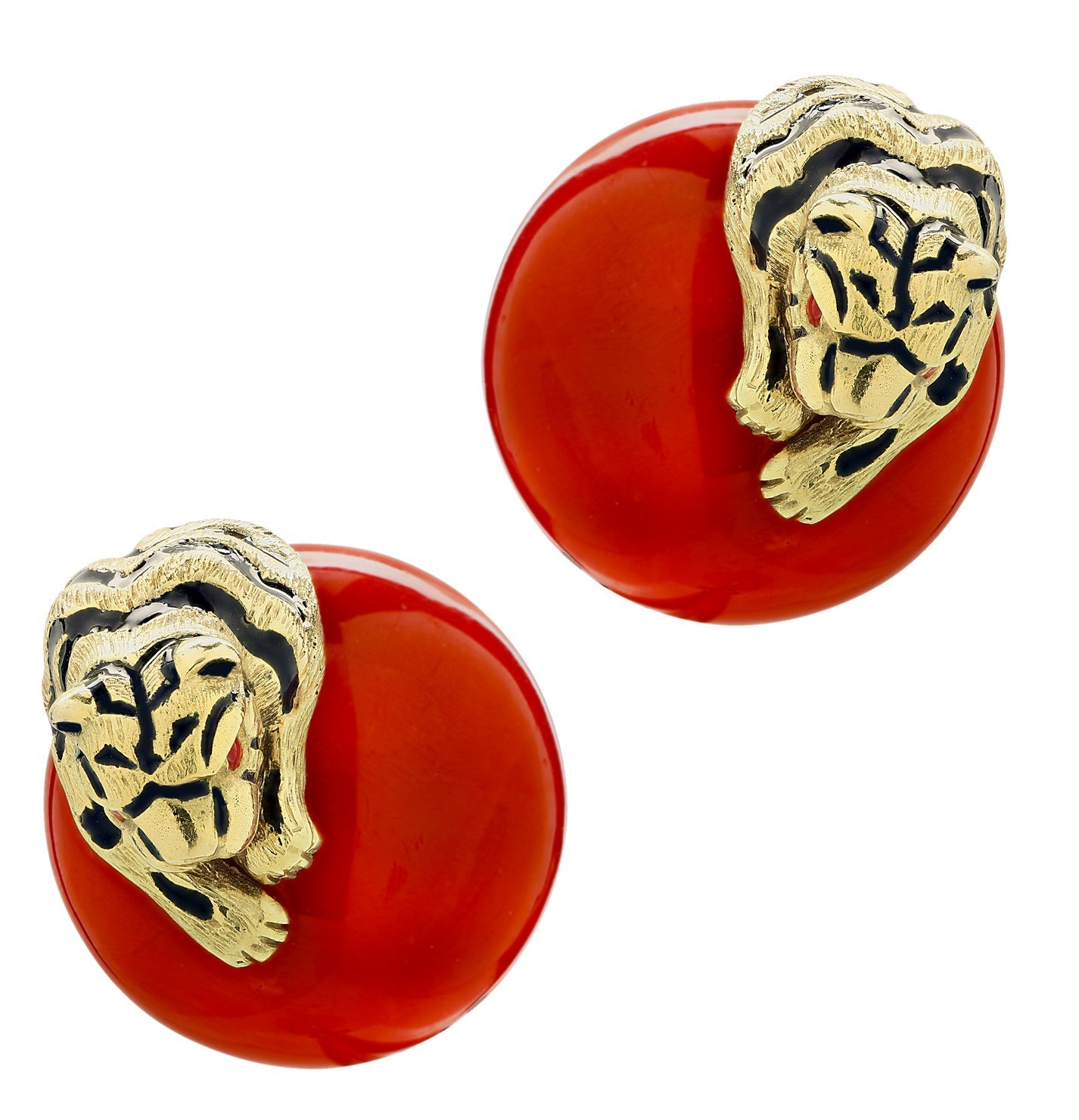 Luxurious David Webb 18K Gold Coral & Ruby Tiger Earrings showcasing intricate tiger design with black enamel stripes and vibrant oxblood coral, perfect statement jewelry by Vivid Diamonds.
