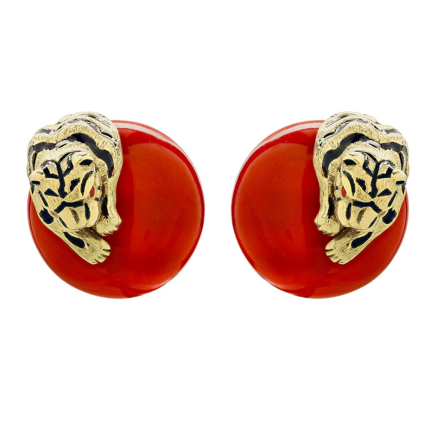 Elegant view of David Webb 18K Gold Coral & Ruby Tiger Earrings showcasing intricate tiger motifs on rich coral orbs, a stunning example of luxury jewelry by Vivid Diamonds.