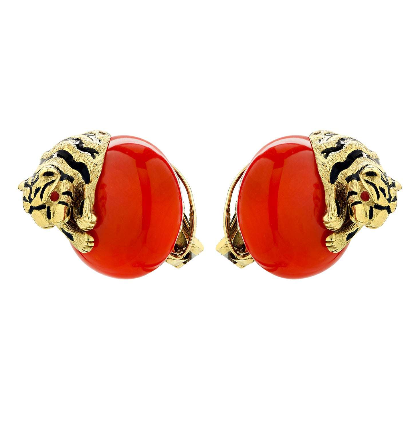 Luxurious David Webb 18K Gold Coral & Ruby Tiger Earrings featuring ornate tiger designs perched on vibrant oxblood coral balls, an exquisite statement jewelry piece by Vivid Diamonds.
