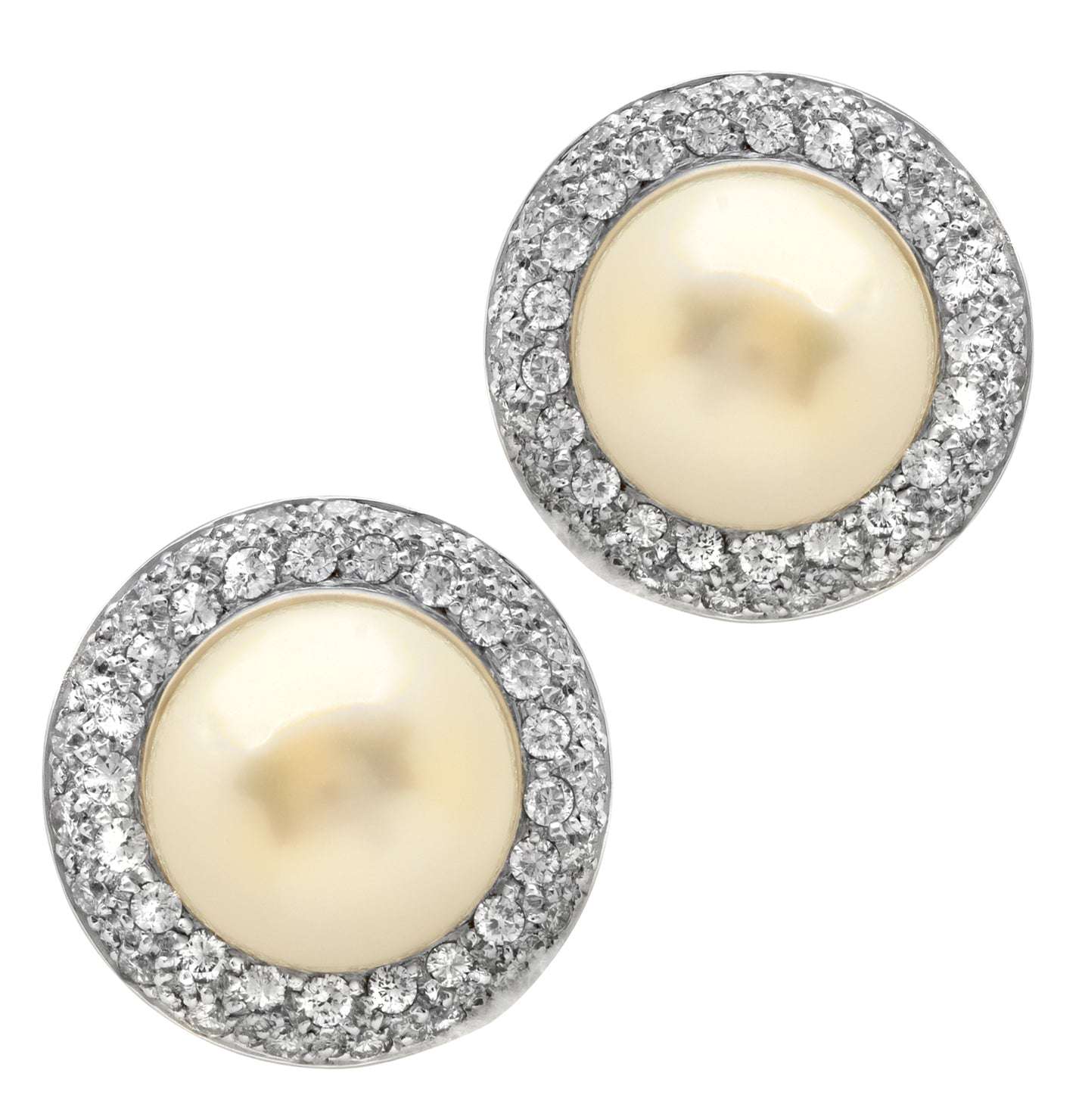 Exquisite 18K White Gold Pearl & Diamond Earrings - V47314 by Vivid Diamonds featuring lustrous pearls surrounded by brilliant round diamonds.