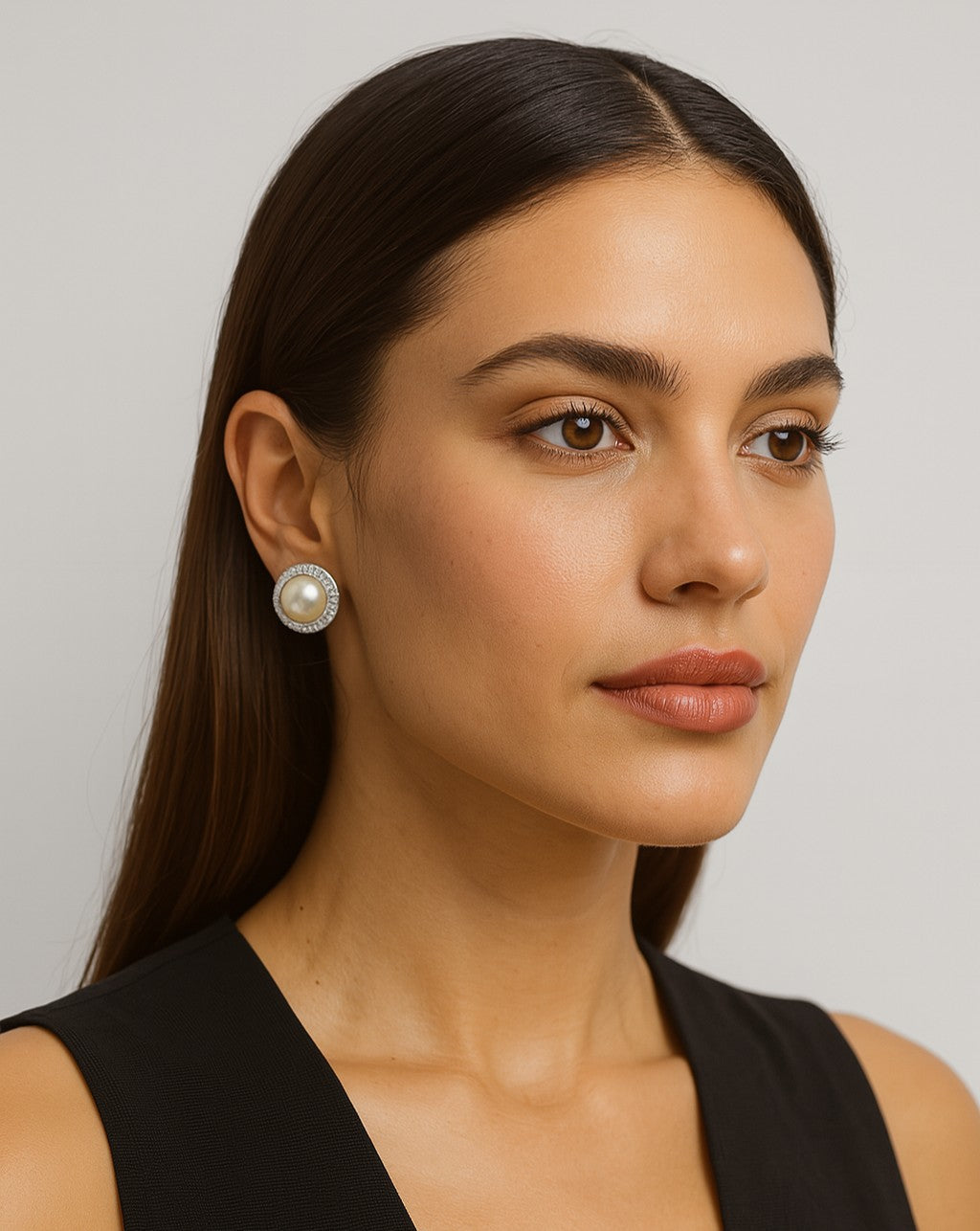 Model showcasing the Exquisite 18K White Gold Pearl & Diamond Earrings - V47314 by Vivid Diamonds, highlighting their elegance and luxurious design.