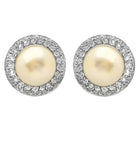 Close-up view of the Exquisite 18K White Gold Pearl & Diamond Earrings - V47314 by Vivid Diamonds, emphasizing the intricate detailing and sparkling diamonds.