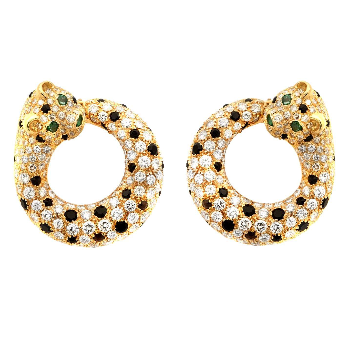 Exquisite Panther Hoop Earrings by Vivid Diamonds, made from 18K Yellow Gold, sparkling with diamonds and accented with emerald eyes, embodying fierce elegance and luxury.