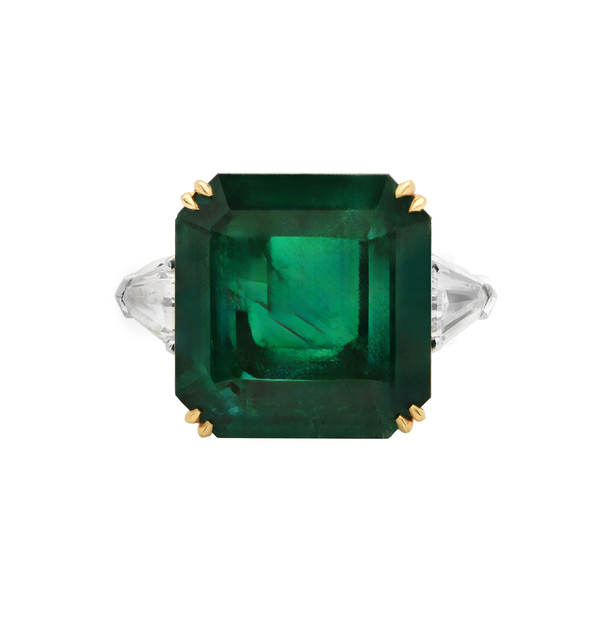 Majestic 15.48 Carat Emerald-Cut Emerald and Diamond Platinum Ring by Vivid Diamonds highlighting the vibrant emerald stone surrounded by sparkling side diamonds, capturing elegance and luxury in a timeless design.