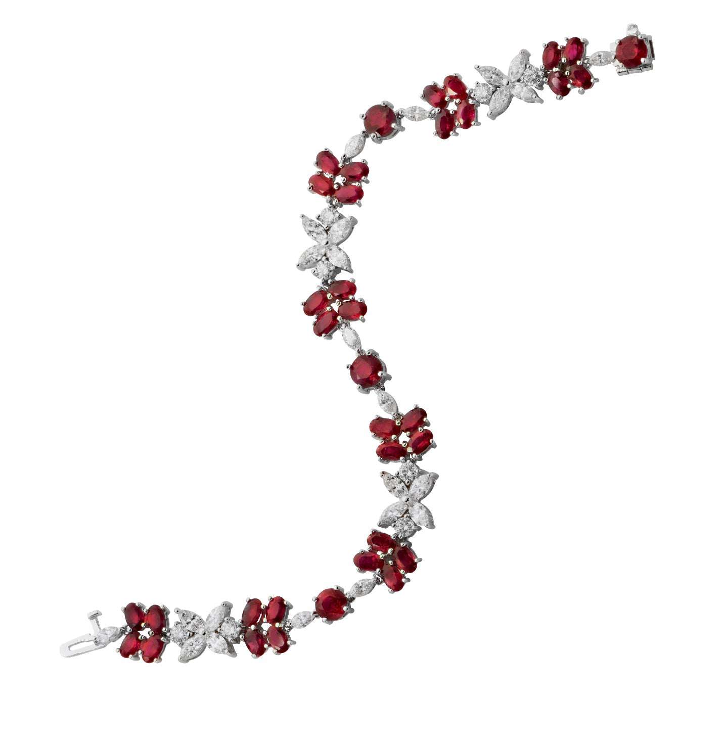 Exquisite Ruby & Diamond Floral Bracelet in 18K White Gold by Vivid Diamonds, featuring 13.37 carats of vibrant rubies and 4.75 carats of brilliant-cut diamonds in an elegant floral design.