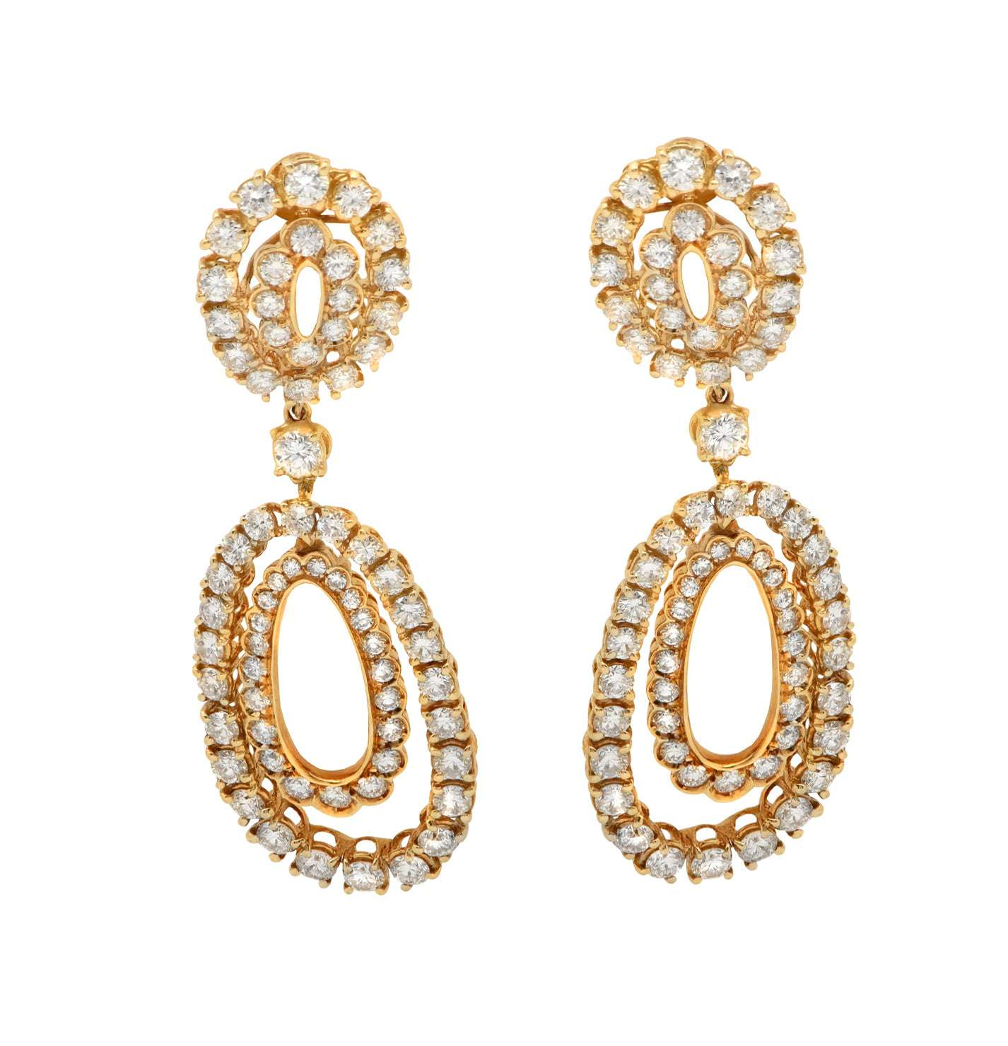 Close-up view of the Stunning 18K Yellow Gold Pearl & 7.50 Ct Diamond Earrings by Vivid Diamonds, detailing the exquisite diamonds and elegant gold framework.