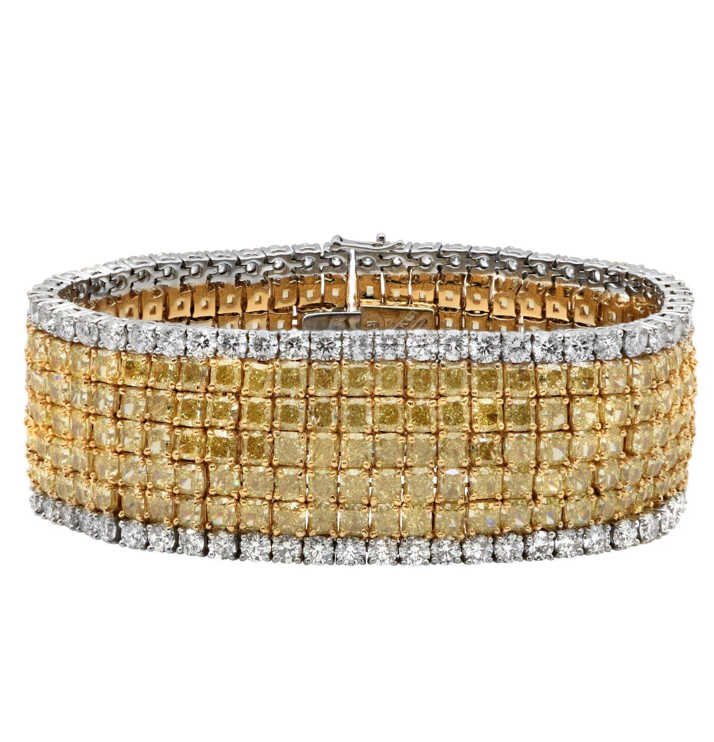 Luxury 18K Yellow Gold & Platinum Diamond Bracelet by Vivid Diamonds featuring 79Cts radiant and round cut diamonds with a stunning blend of fancy yellow and white diamonds.