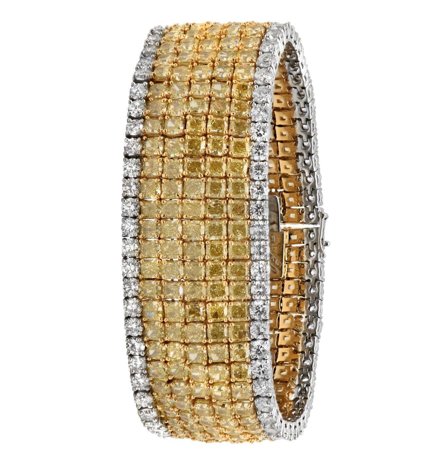 Elegant view of the Luxury 18K Yellow Gold & Platinum Diamond Bracelet from Vivid Diamonds, showcasing the intricate setting of 79Cts radiant and round cut fancy yellow and white diamonds.