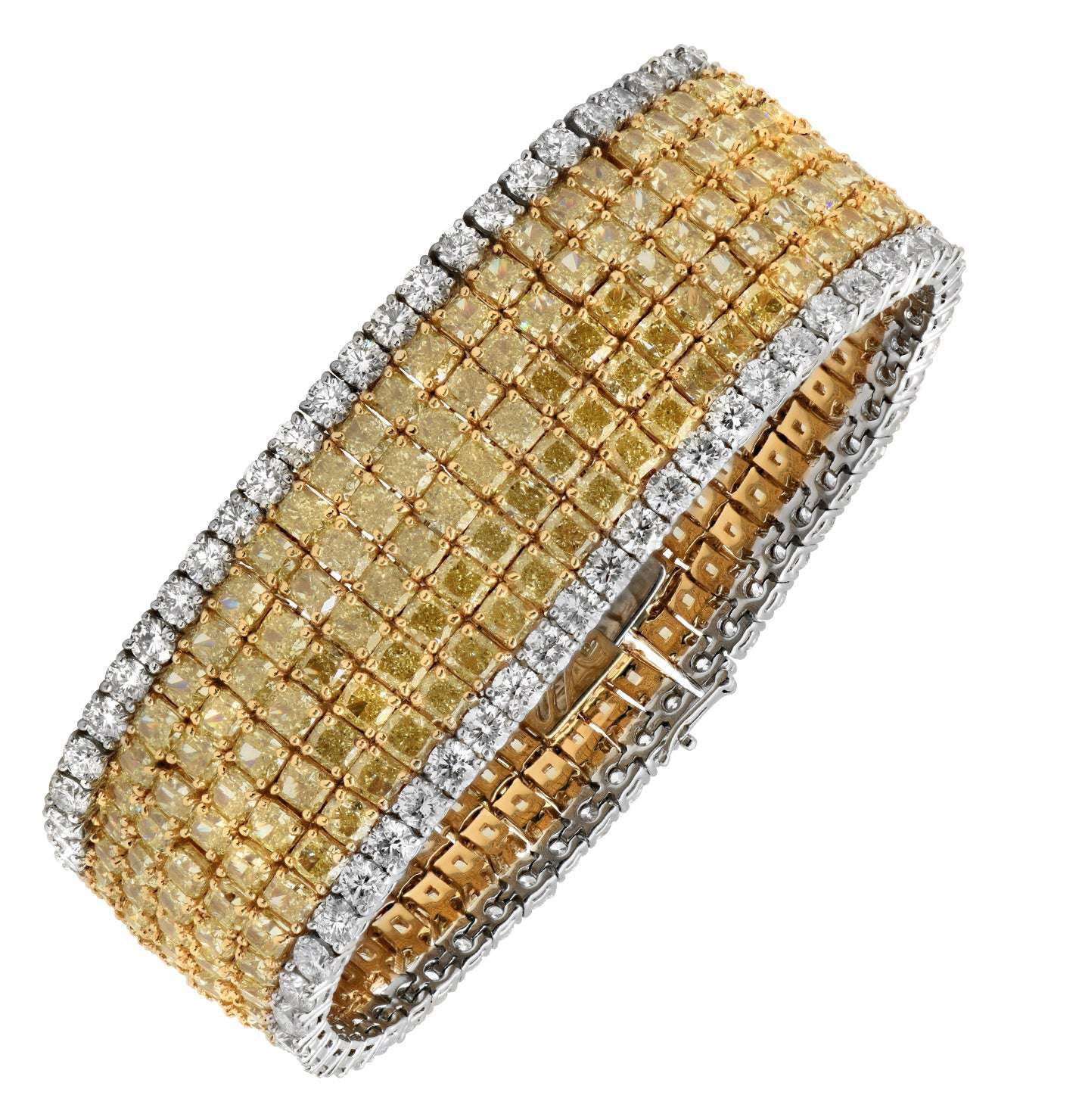 Luxury 18K Yellow Gold & Platinum Diamond Bracelet by Vivid Diamonds featuring 79 carats of radiant and round cut diamonds in a stunning design.