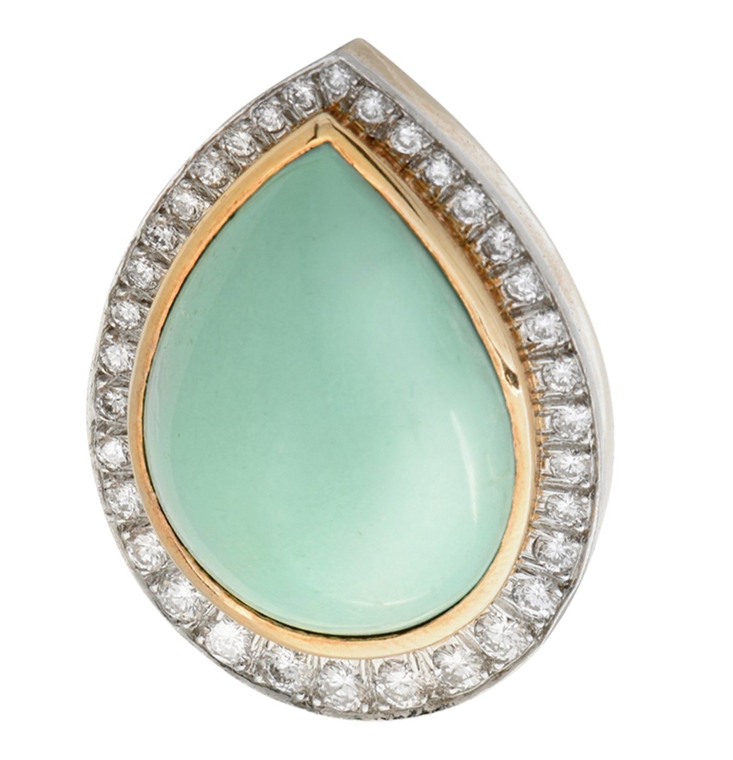 Stunning David Webb Turquoise earring featuring a vibrant cabochon-cut turquoise stone surrounded by a halo of diamonds, crafted from platinum and 18K yellow gold, from Vivid Diamonds.