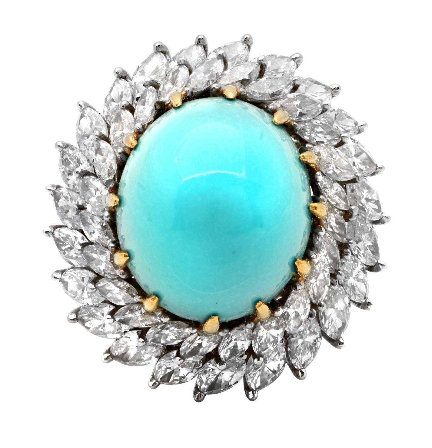 Close-up view of the luxurious 28.2 Carat Turquoise and 7.75 Carat Diamond Ring by Vivid Diamonds, showcasing the striking turquoise center and intricate diamond arrangement in a stunning design.
