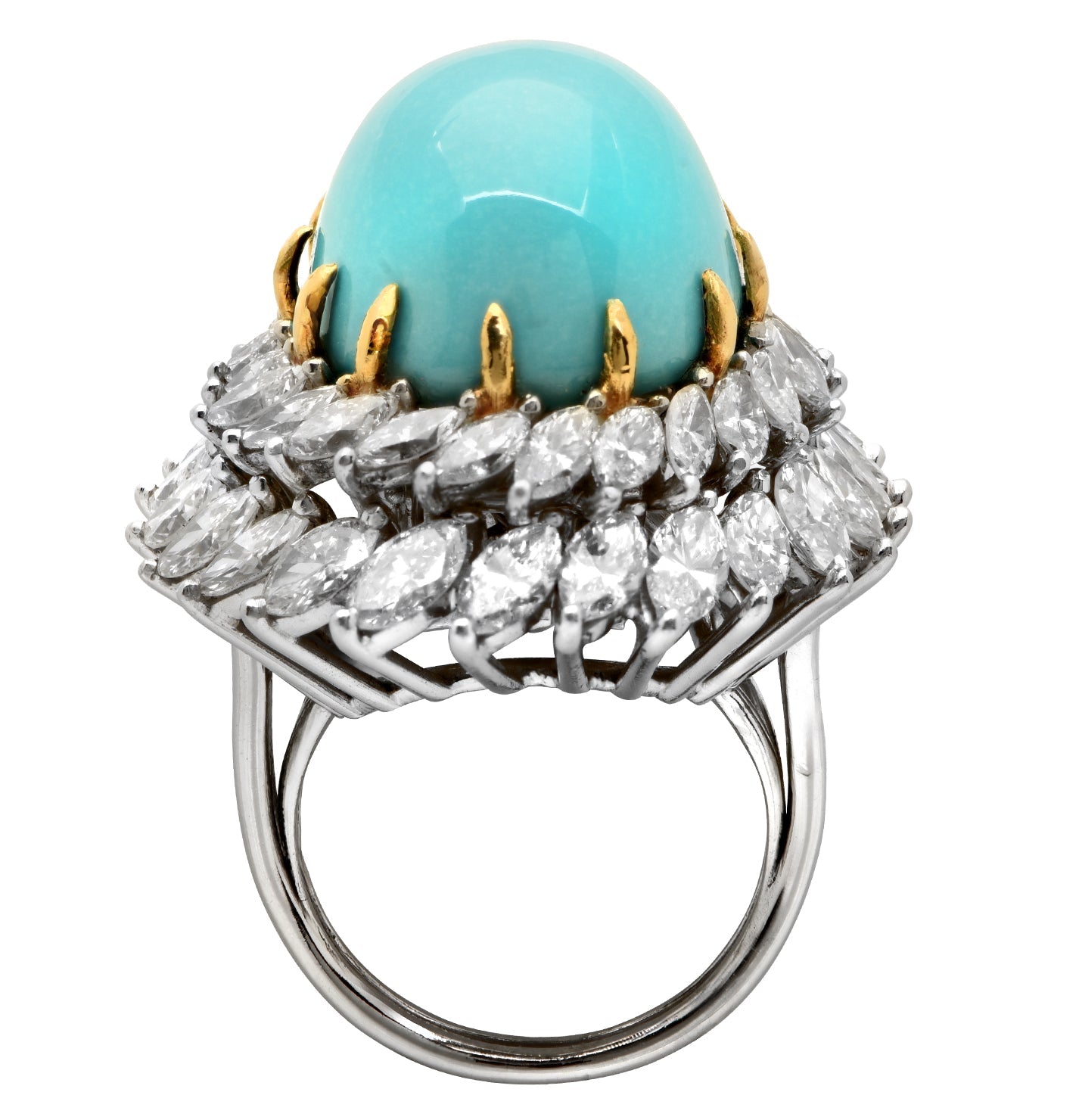 28.2 Carat Turquoise and 7.75 Carat Diamond Ring by Vivid Diamonds, featuring a vibrant round turquoise cabochon set in Platinum and 18K Yellow Gold with a sparkling double halo of diamonds.