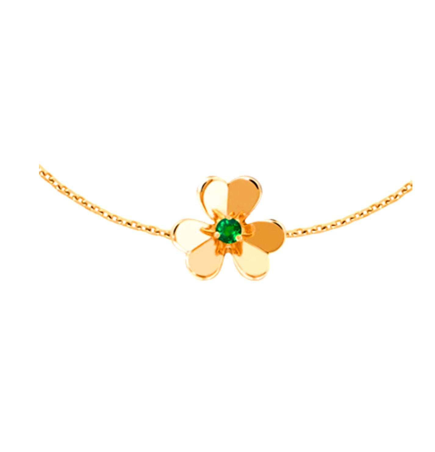 Close-up detail of the Van Cleef & Arpels 18k Yellow Gold Emerald Bracelet – V47849, featuring a singular emerald flower design, designed by Vivid Diamonds.