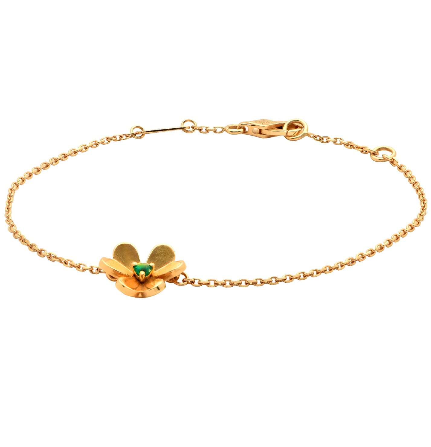 Another angle of the Van Cleef & Arpels 18k Yellow Gold Emerald Bracelet – V47849, emphasizing its exquisite craftsmanship and emerald detail, provided by Vivid Diamonds.
