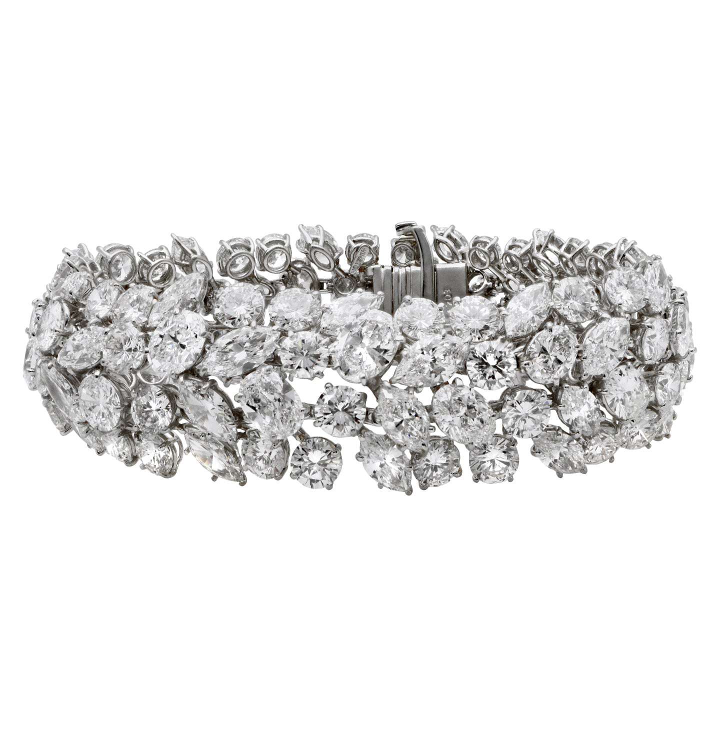 Stunning Harry Winston Platinum Diamond Bracelet adorned with 63.54 Ct of Marquis & Round Brilliant Diamonds, embodying elegance and sophistication from Vivid Diamonds.