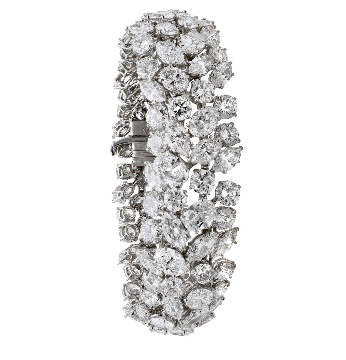 Luxury Harry Winston Platinum Diamond Bracelet featuring 63.54 Ct of marquis and round brilliant diamonds, showcasing a stunning floral design by Vivid Diamonds.