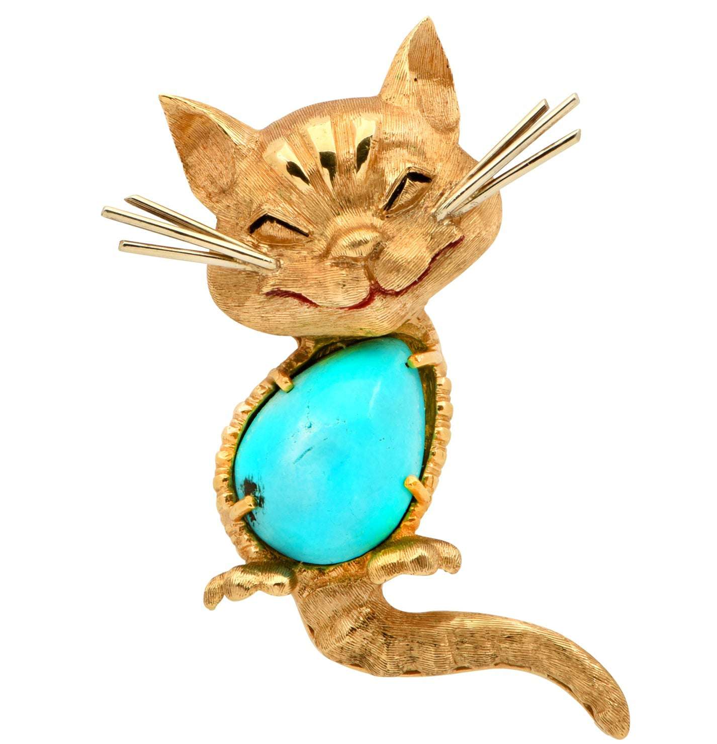 Cartier 18K Yellow Gold Turquoise Cat Brooch by Vivid Diamonds, showcasing exquisite craftsmanship with a whimsical feline design, featuring a vibrant turquoise gemstone.
