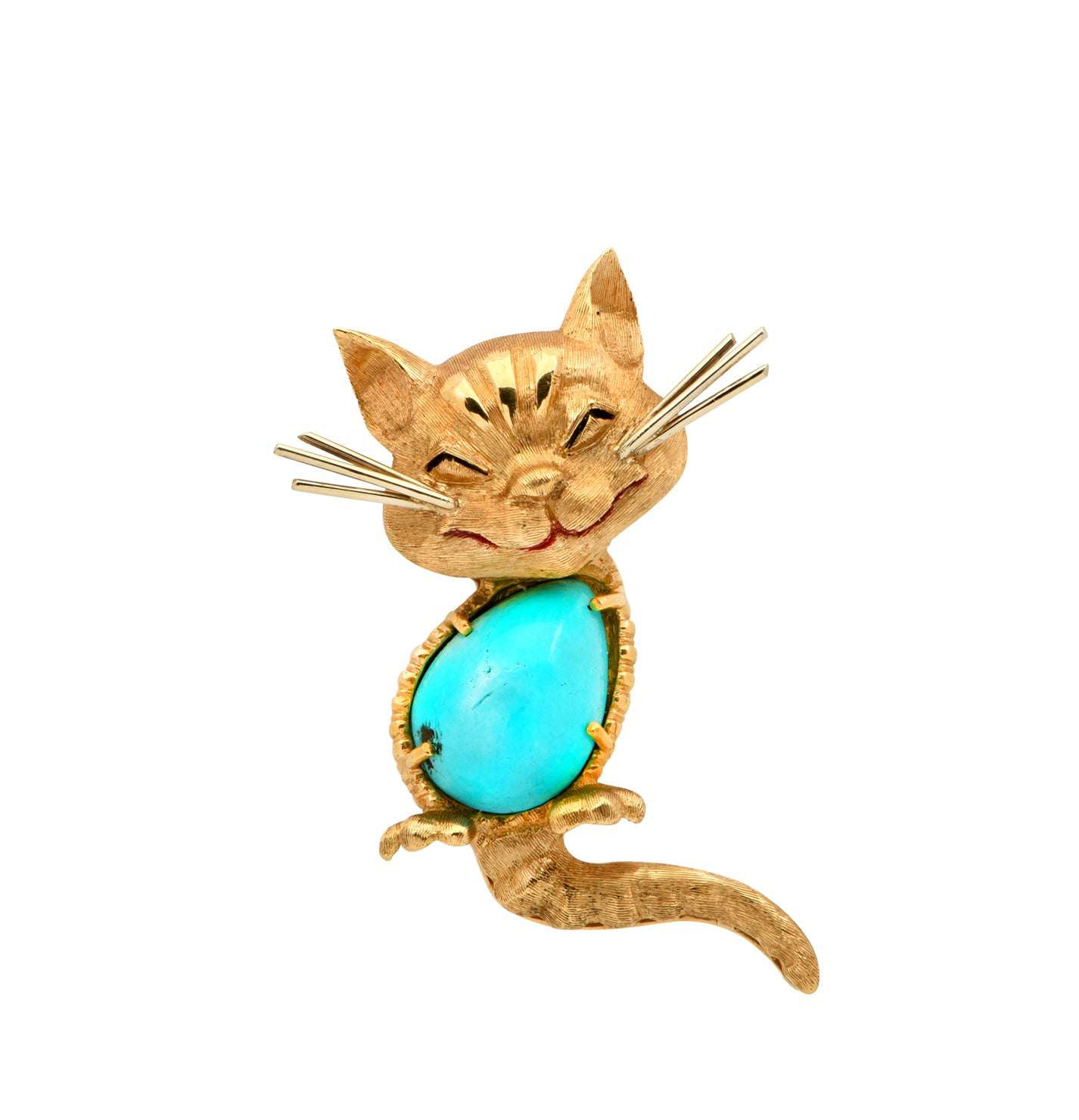 Close-up view of Cartier 18K Yellow Gold Turquoise Cat Brooch from Vivid Diamonds, highlighting intricate details and playful elegance of the charming cat motif.