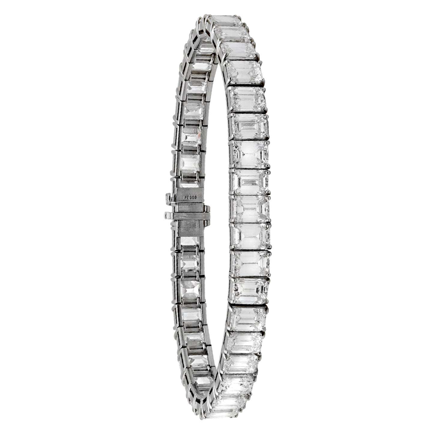 Stunning view of the Elegant Platinum Diamond Bracelet with 34 emerald-cut diamonds weighing 34.16 carats, designed by Vivid Diamonds for a timeless luxury appeal.