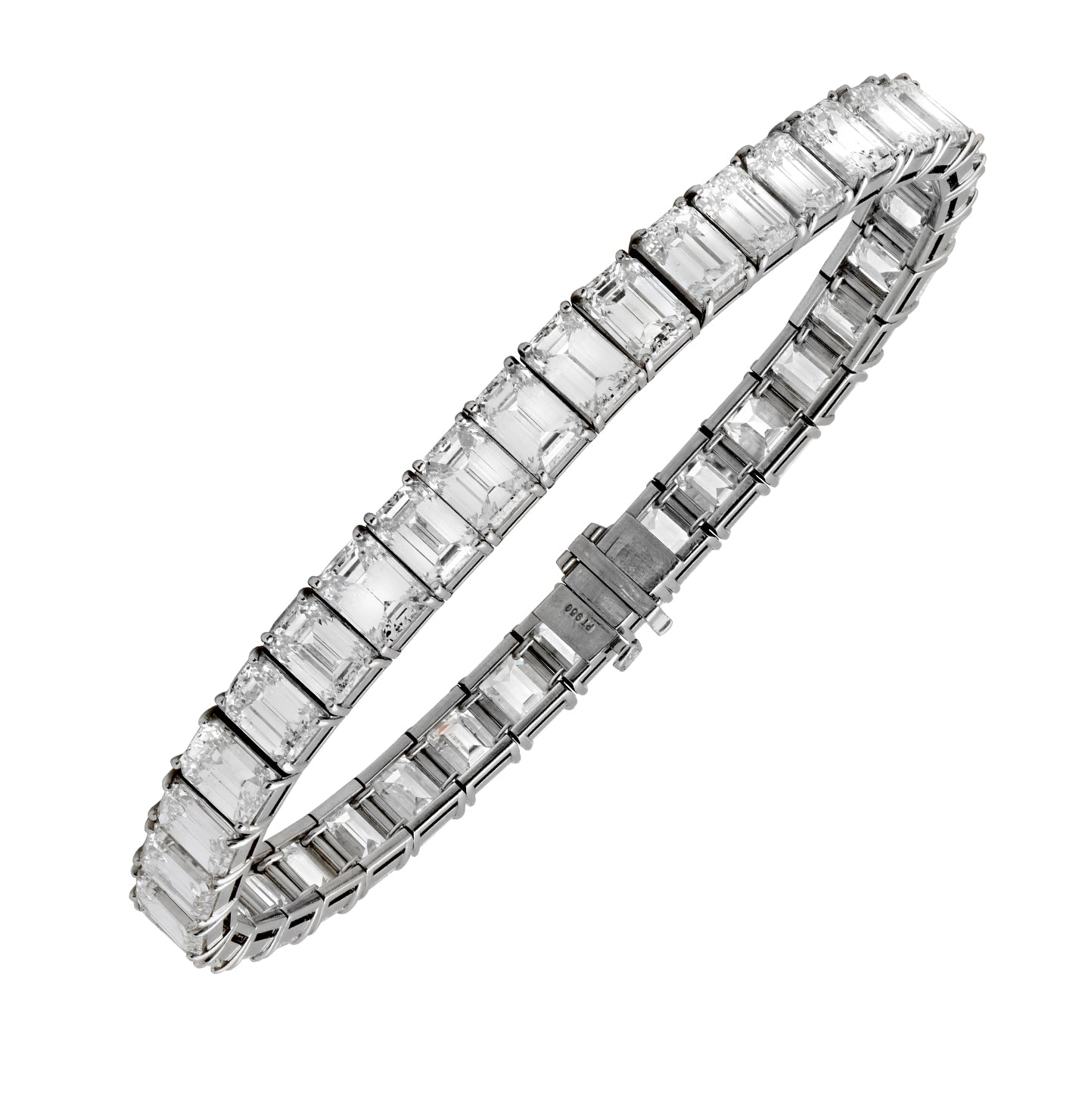 Elegant Platinum Diamond Bracelet featuring 34 Emerald Cut Diamonds, 34.16 Carats, VVS-VS Clarity by Vivid Diamonds. A masterpiece of luxury jewelry showcasing geometric brilliance and timeless elegance.