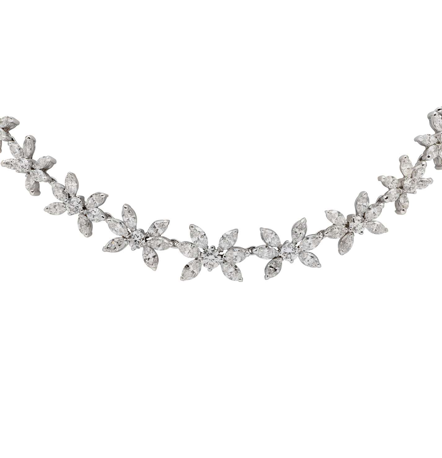 Elegant close-up view of the 27.00Ct Diamond Floral Necklace by Vivid Diamonds. Stunning floral motifs adorned with 159 brilliant diamonds in a lustrous platinum setting, highlighting unparalleled craftsmanship.