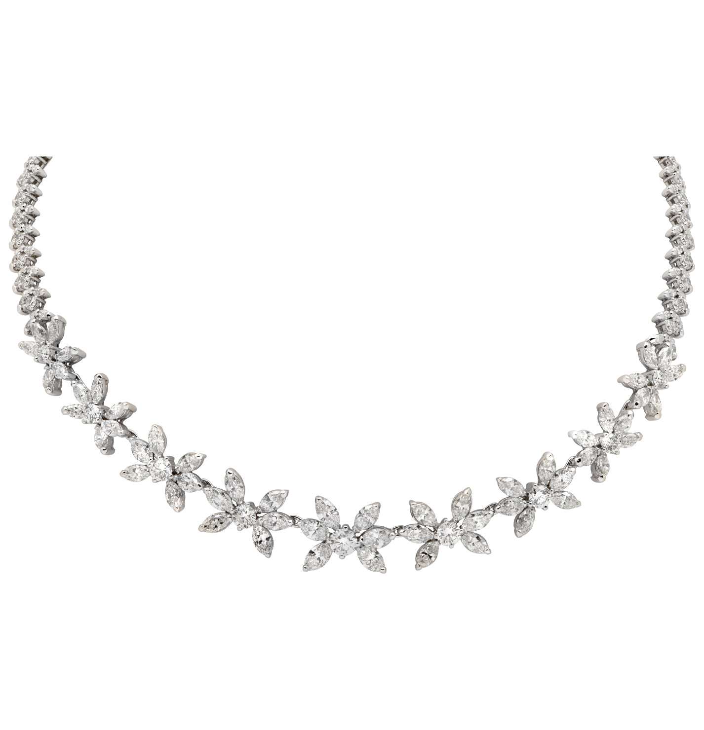 Exquisite 27.00Ct Diamond Floral Necklace by Vivid Diamonds. Crafted in platinum, featuring 159 round and marquise-cut diamonds with G-H color and VS1 clarity, showcasing a delicate floral design.