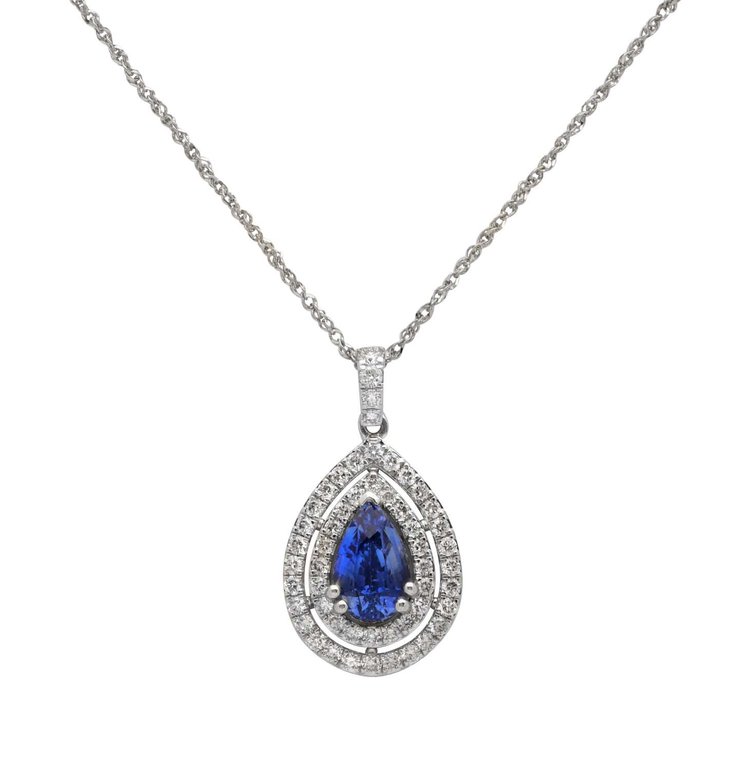 1.94Ct Pear-Shaped Sapphire Necklace in White Gold Surrounded by 52 Diamonds by Vivid Diamonds, showcasing a brilliant pear-shaped sapphire with sparkling diamond halo.
