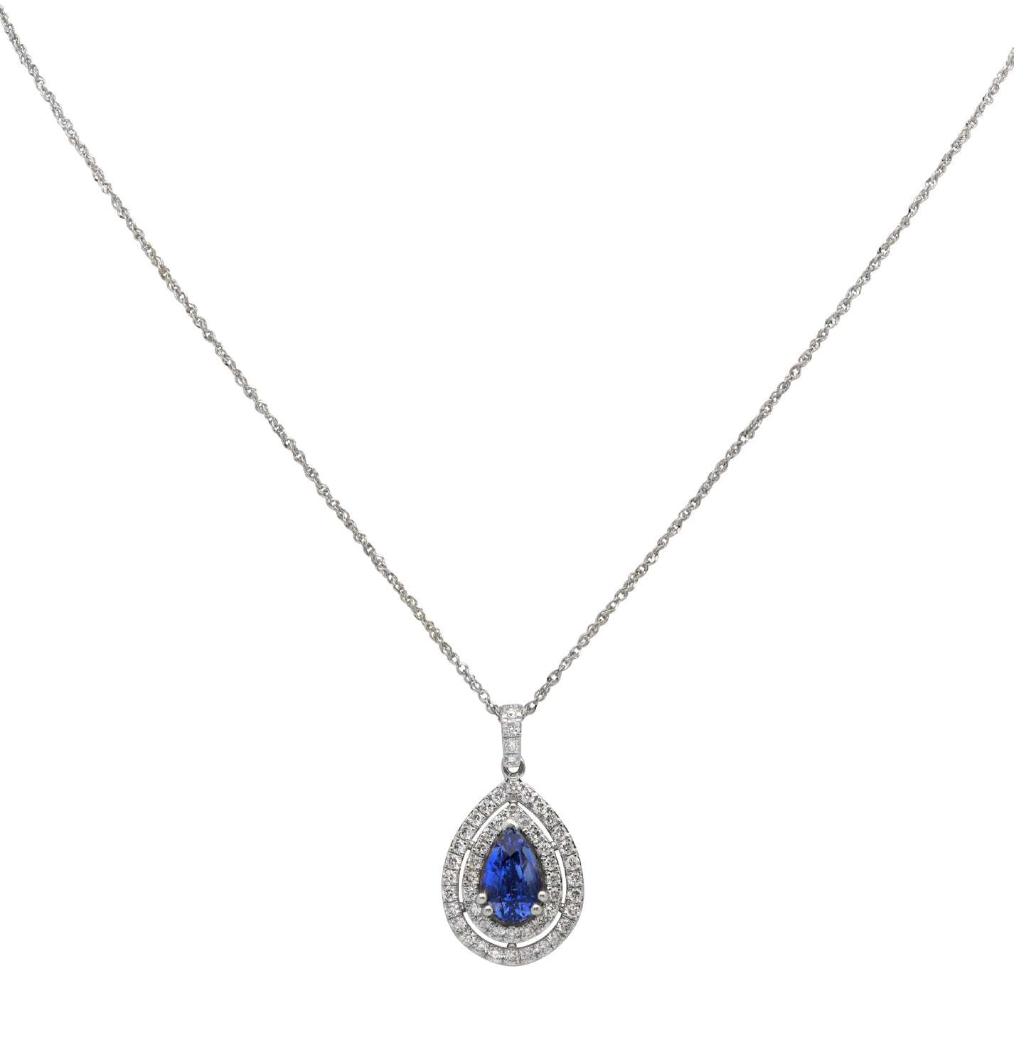 Close-up view of the 1.94Ct Pear-Shaped Sapphire Necklace in White Gold Surrounded by 52 Diamonds by Vivid Diamonds, featuring the exquisite sapphire and diamond details.
