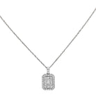 Elegant 0.85 Ct White Gold Diamond & Baguette Necklace by Vivid Diamonds showcased against a white background, highlighting its modern Art Deco design with five baguette-cut diamonds and a halo of round diamonds.