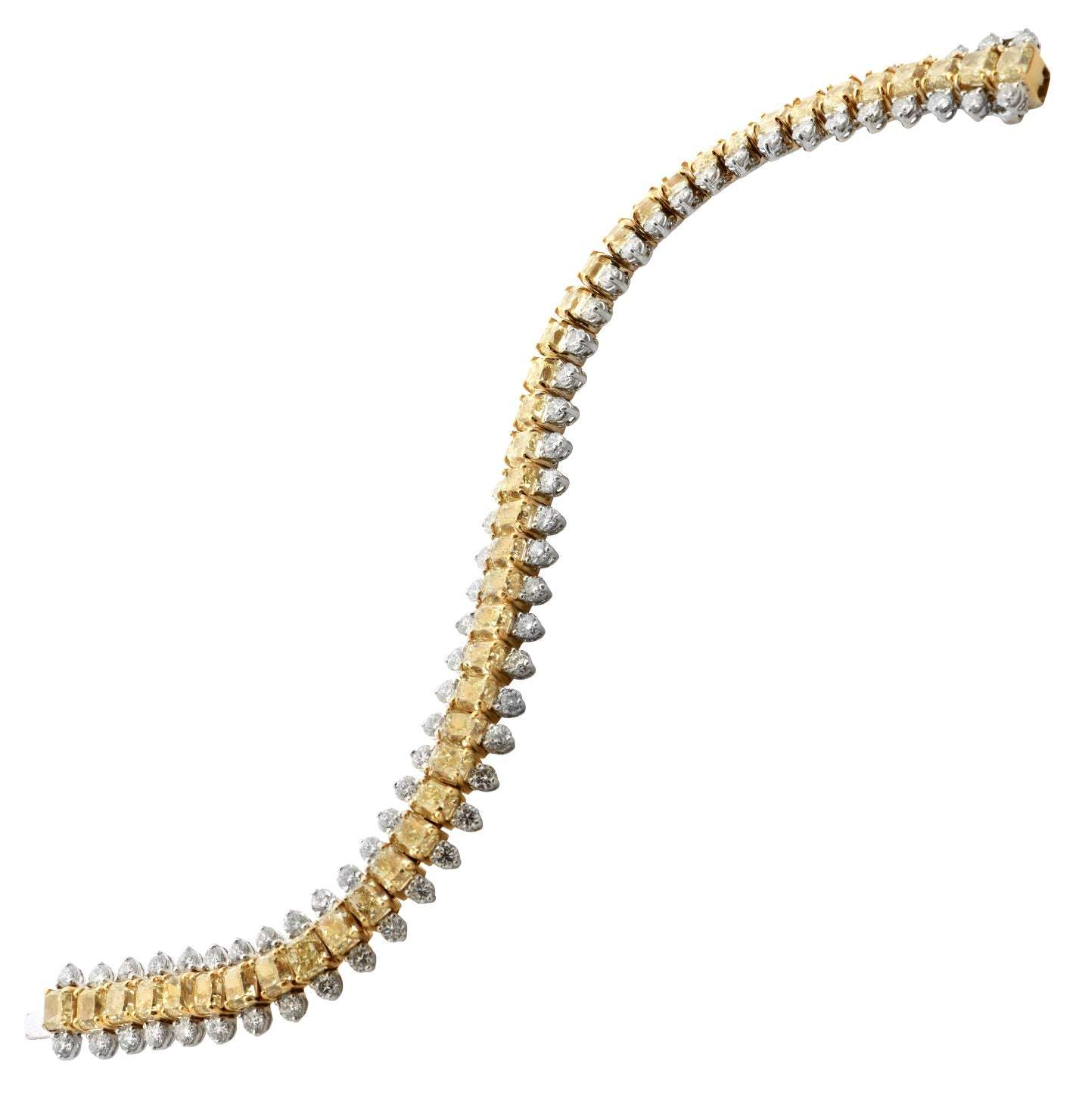 VIVID Color Diamond Bracelet showcasing 41 fancy yellow diamonds and 82 white diamonds in a luxurious 18K gold and platinum design by Vivid Diamonds, elegantly curved and dazzling.